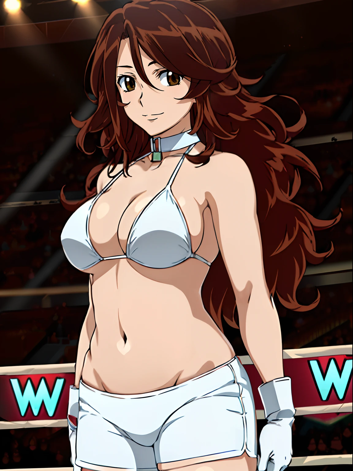 (wrestler), body view, anime style: 1.8, anime drawing, ultra detailed face, ultra detailed body, 4k, Sumergai Lee Noriega, (standing), best quality, anime style, hires, highest definition, digital blending, bold drawing lines, ((wwe diva), (location: wrestling arena, crowds watching), ( slim body, little biceps, thighs, off-shoulders, (curvy: 2.8)), ((white bikini, shorts, groin, white gloves, collar, elbow pad)), victorious, winner, gentle, (very big breasts, smile), (big eyes, brown eyes), (clapping), (brown hair, loose hair, curly hair, wavy hair, long hair, missy hair), 27 years old,