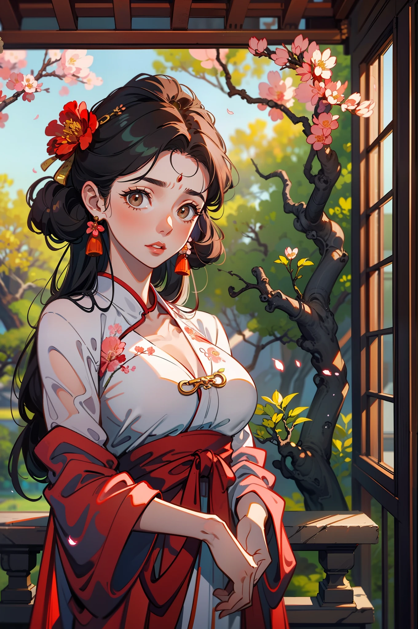 A beautiful girl in ancient China,Bust,Lovely temperament,Light red long dress,In the background is a large tree,Huge peach blossoms,rays of sunshine,Clear face,tmasterpiece,ultra - detailed,Epic composition,high qulity,HighestQuali,4K