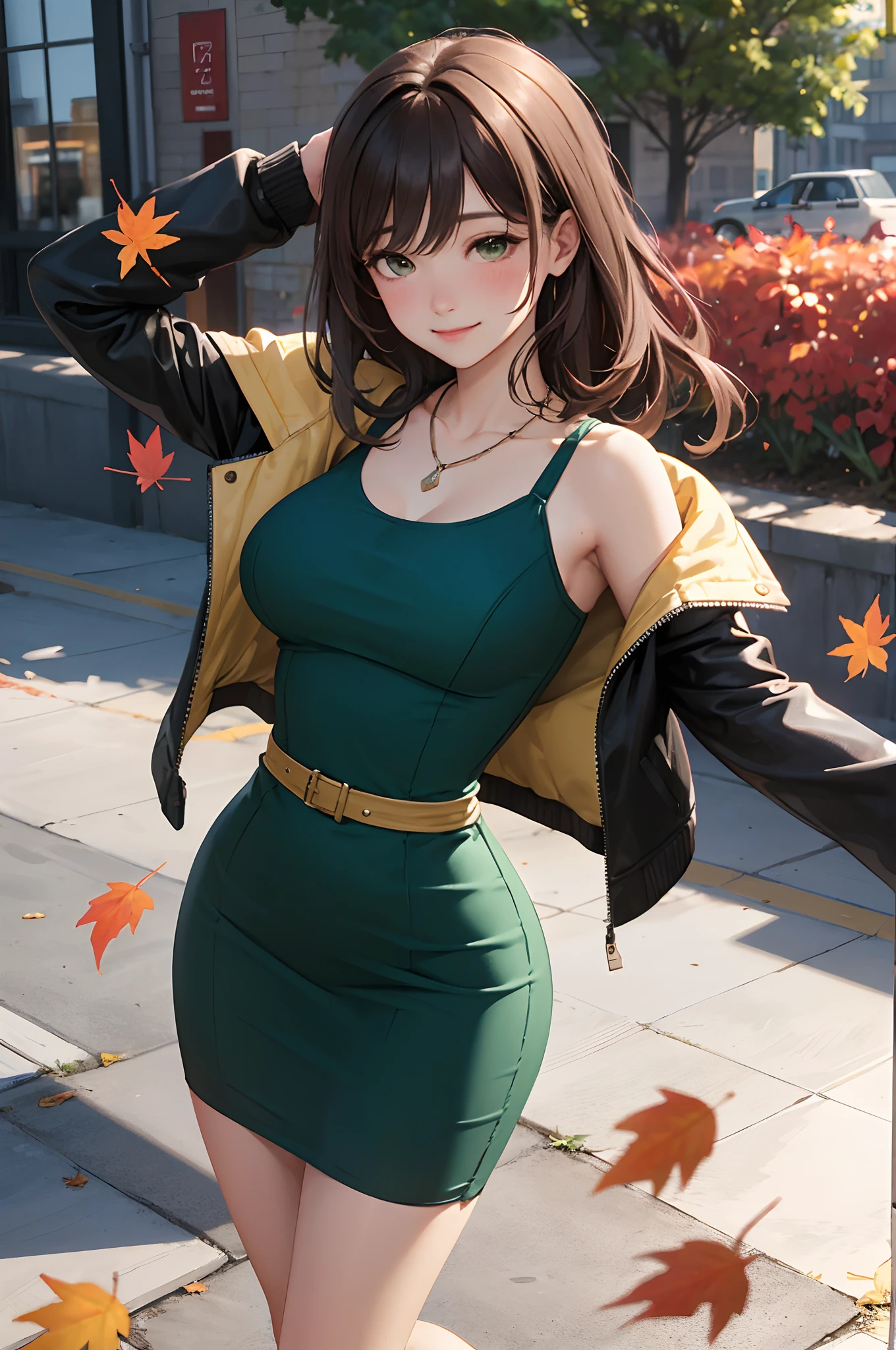 1lady standing, mature female, /(pencil dress/) /(deep green dress/) necklace, /(jacket on shoulder/), /(brown hair/) bangs, blush kind smile, (masterpiece best quality:1.2) delicate illustration ultra-detailed, large breast, arms down BREAK /(streets of Canada/), maple fallen leaves, detailed background