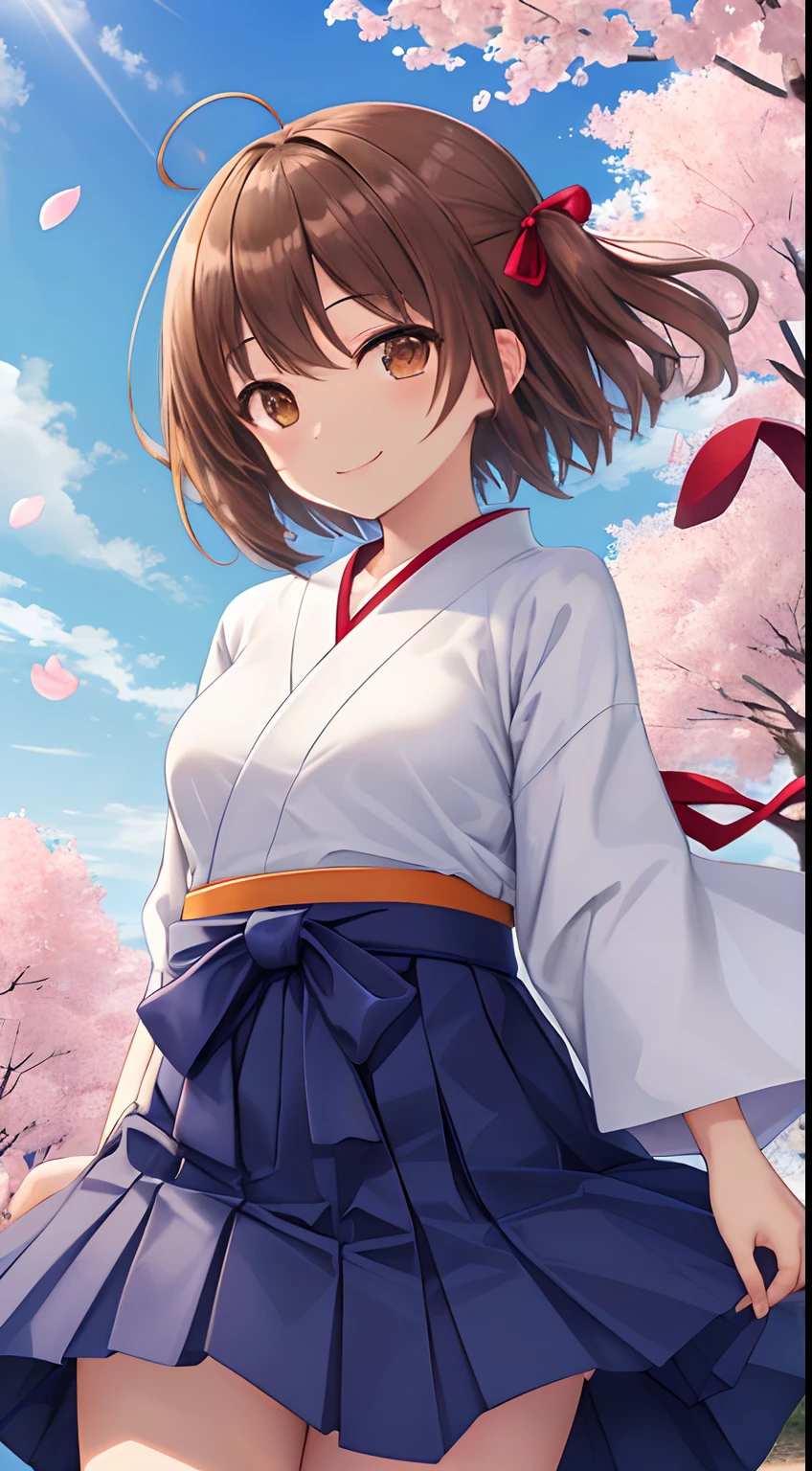 Masterpiece, (Best quality:1.4), Best Illustration, Best shadow, (Beautiful detailed:1.4), finely detailed, (Dramaticlight:0.9), hdr, Ray traching, Intricate details, Cherry blossoms, the cherry trees, (floating sakura), Blue sky, White cloud, 1girll, Solo, Break, (hiryuuchan:1.22), Cowboy shot, Smile, Short hair, (one side up), Small breasts, (Wind:1.33), hakama short skirt, Hakama skirt, Miniskirt, (Orange) komono, hand on own head, Perspective, Brown hair, Brown eyes, view the viewer,