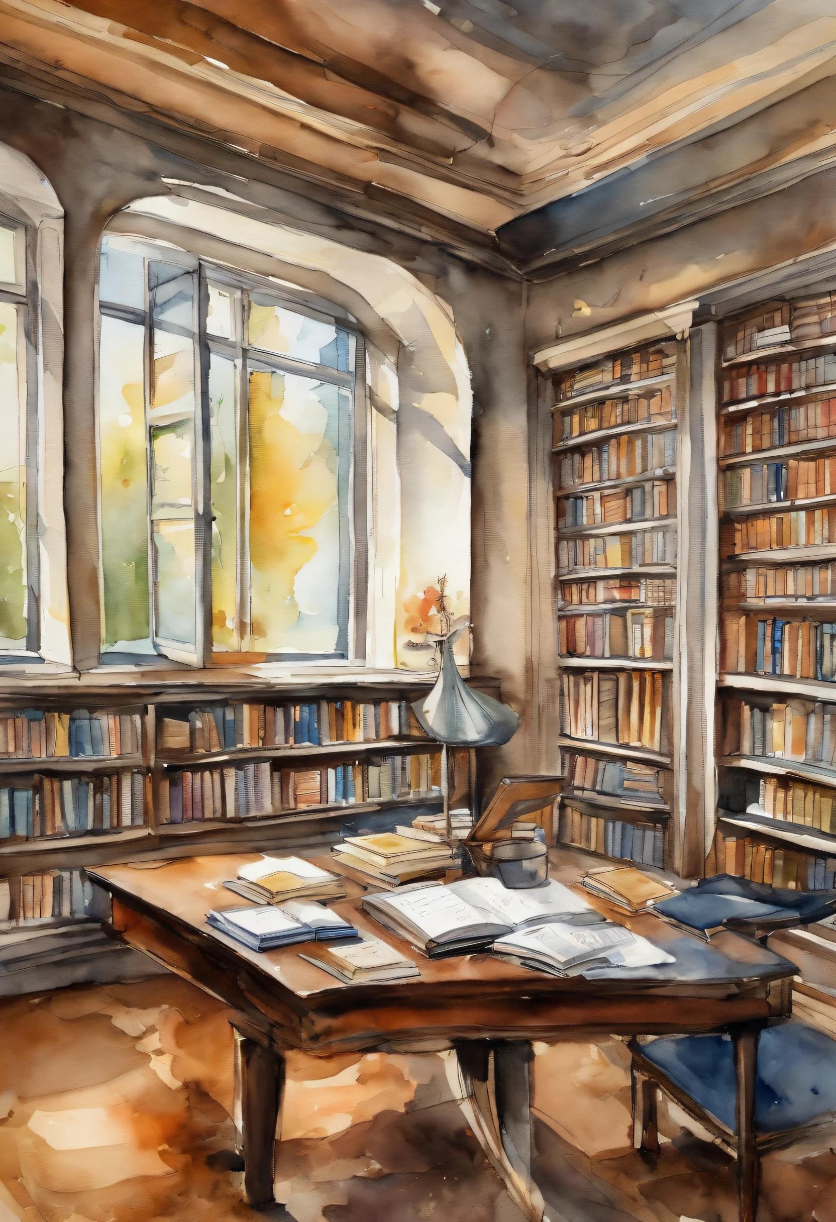 Modern ink style,Interior of modern library tubes,Modern desks with open books,A ray of sunlight shines through the square, modern window on the desk,Surrounded by modern bookshelves