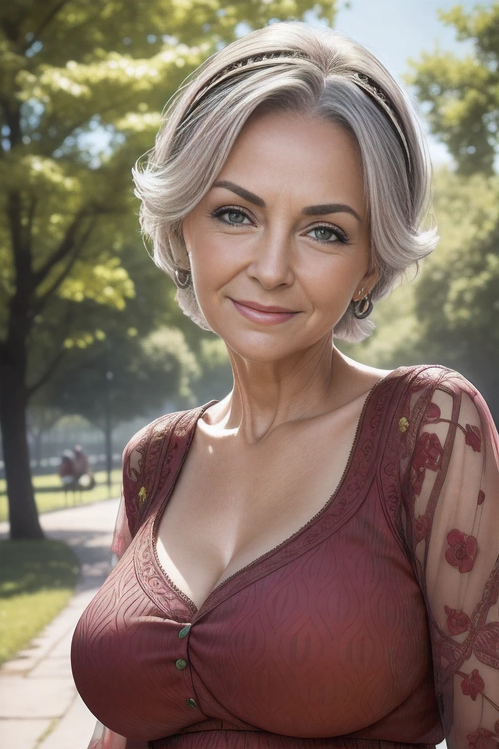 85-year-old woman with short gray hair, seductive gaze, green eyes, a lot of wrinkles on her face, 8k, detailed wrinkles, detailed background, utlra realistic, realism, exta realistic, wrinkles on body, SFW, light summer dark red dress with a pattern,high-ponytail Hairstyle, pic-nic, pic nic in the park, park in the middle of city, background showing full body, full body, extra small titts, small breasts, looking at viewer from below, light smile, teeth indoors,soft lighting, extreme detail, hdr, lying on a blanket,