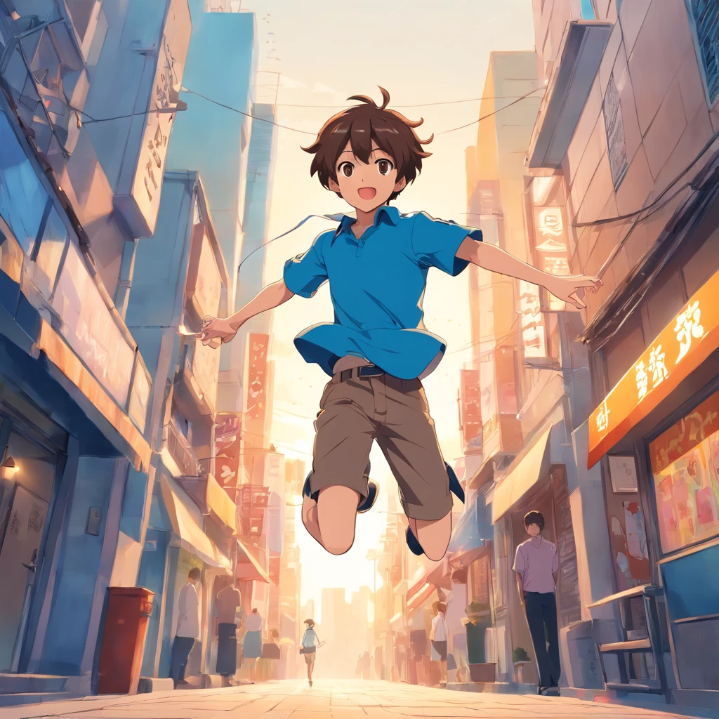 Cartoon boy with brown hair and blue shirt jumping in the air, character is flying, 2 d anime style, 2d cartoon, 2D Cartoon, shounen jump, In anime style, in an anime style, Cartoon Art Style, an animated character, anime style character, [ Digital art ]!!,, jumping posture, Simple cartoon style