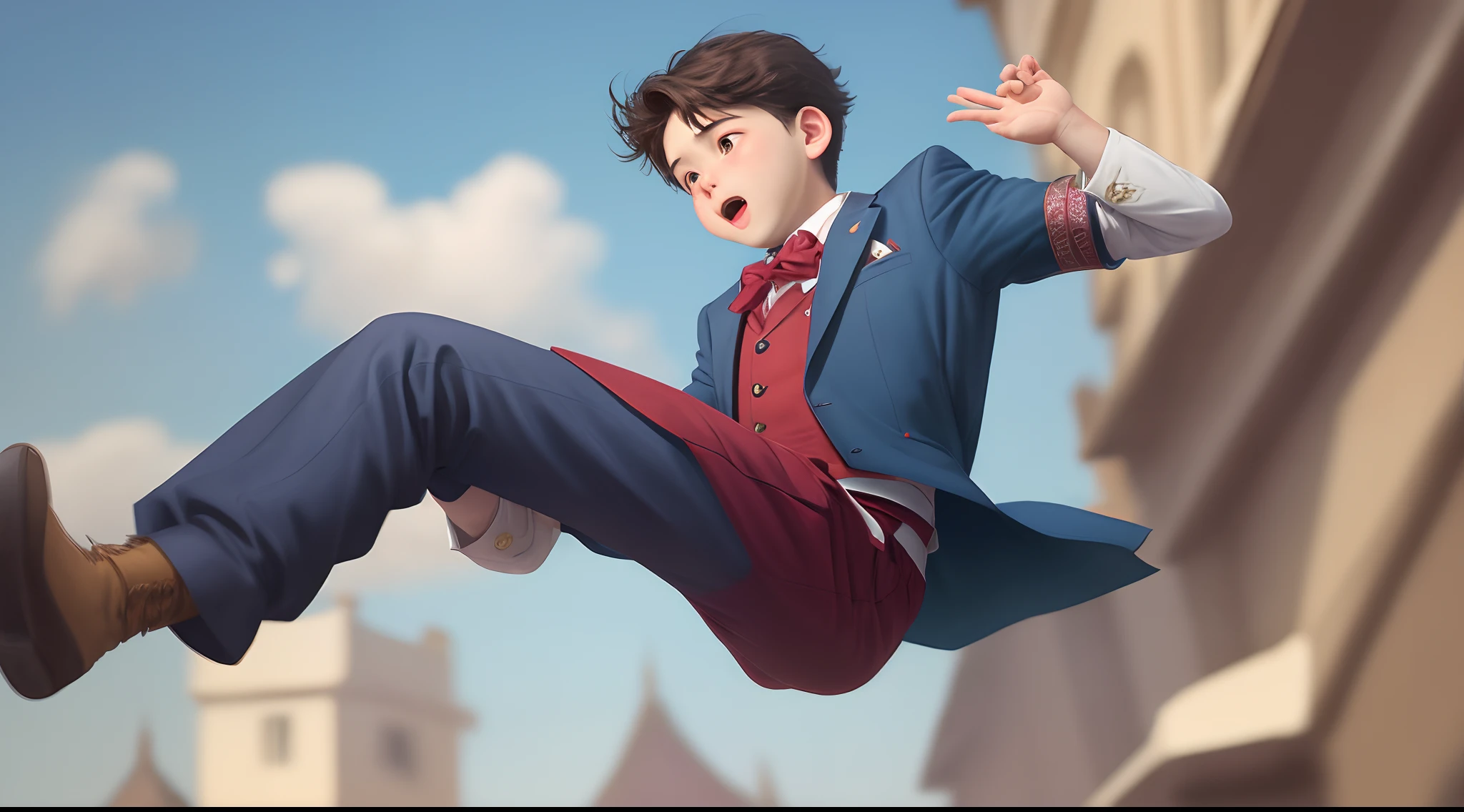 A handsome boy leaps downwards as if to grab something