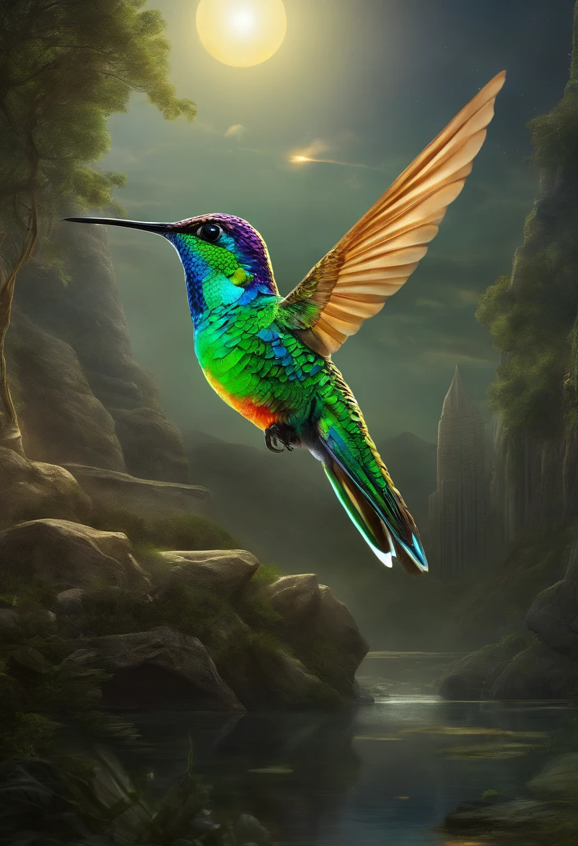 pencil stroke drawing style colibri Small cyber bird rainbow color hummingbird on feathers, Flight of a post-apocalyptic cyberpunk city with a gorgeous ultra-advanced futuristic landscape with space portals made of extremely detailed metal in the shape of a translucent pyramid with a fluorescent dark green color of titanium steel, Beautiful day with late sunsets on the horizon, casting the sun's rays into the sky, Against the background of the full moon, There is no darkness, NOhumans, Without animals, Environment with wild trees and Jurassic vines, Covering Abandoned Steel Buildings, Glowing Rocks, Hyper-realistic hybrid atmosphere, overdetalization, Sharp focus, A mysterious and magnificent landscape, 真实感, tmasterpiece, visionary art, Work, Award-winning, High-definition details, Remnants of a forgotten civilization surrounded by cosmic beauty, dmt, ultra realistis, Unique and exclusive art