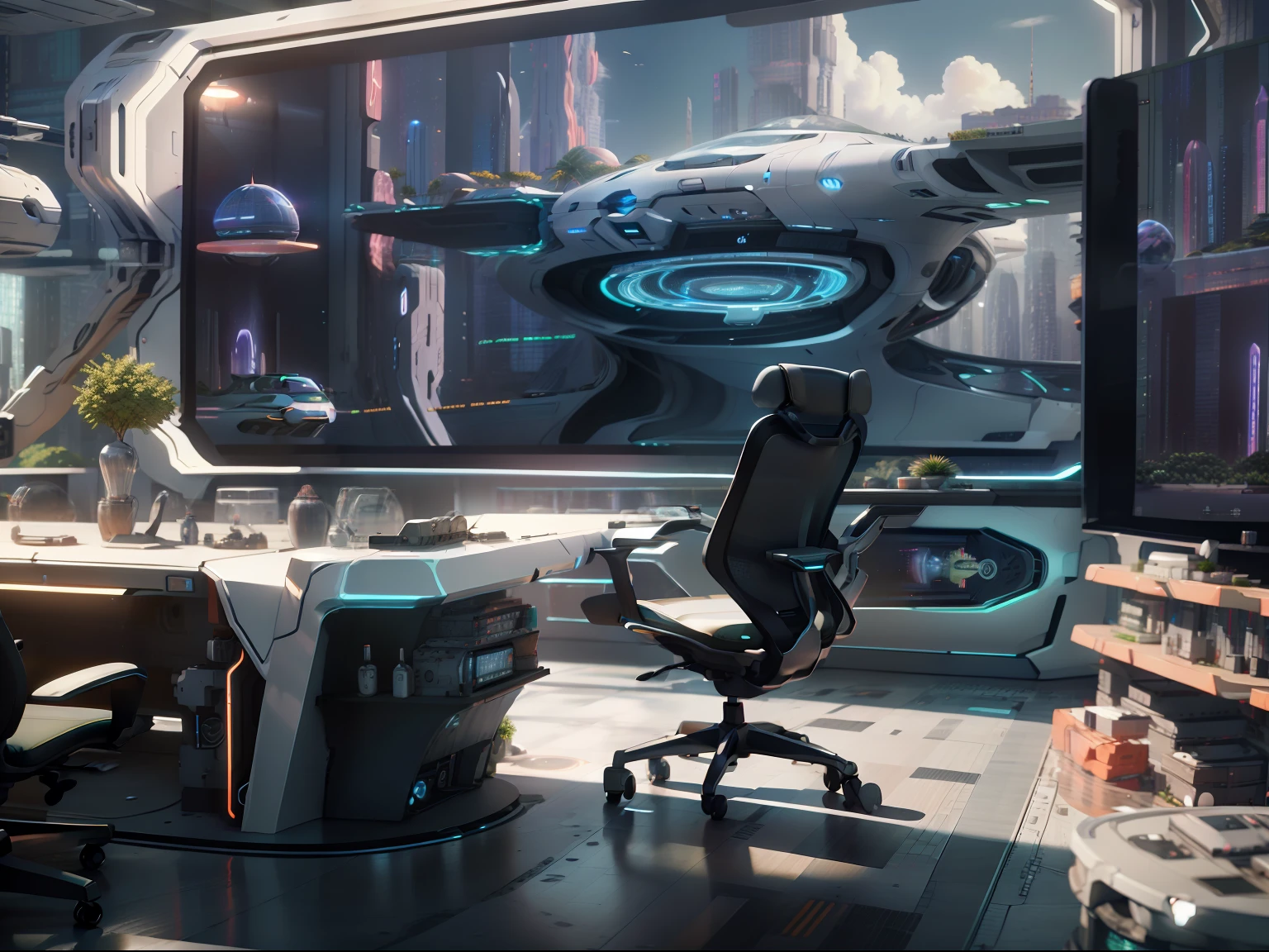 office desk, The table closes,  virtual set, a chair, gauges, expert design, large commercial led screens, A digital rendering, large led screens,Complex spaces，Huge space for Ymax rendering,, glowing neon lights, A digital rendering, Future technology showcase, extreme render, 3ds Max, 3 ds max, finalrender, author：Nikolai Avramov