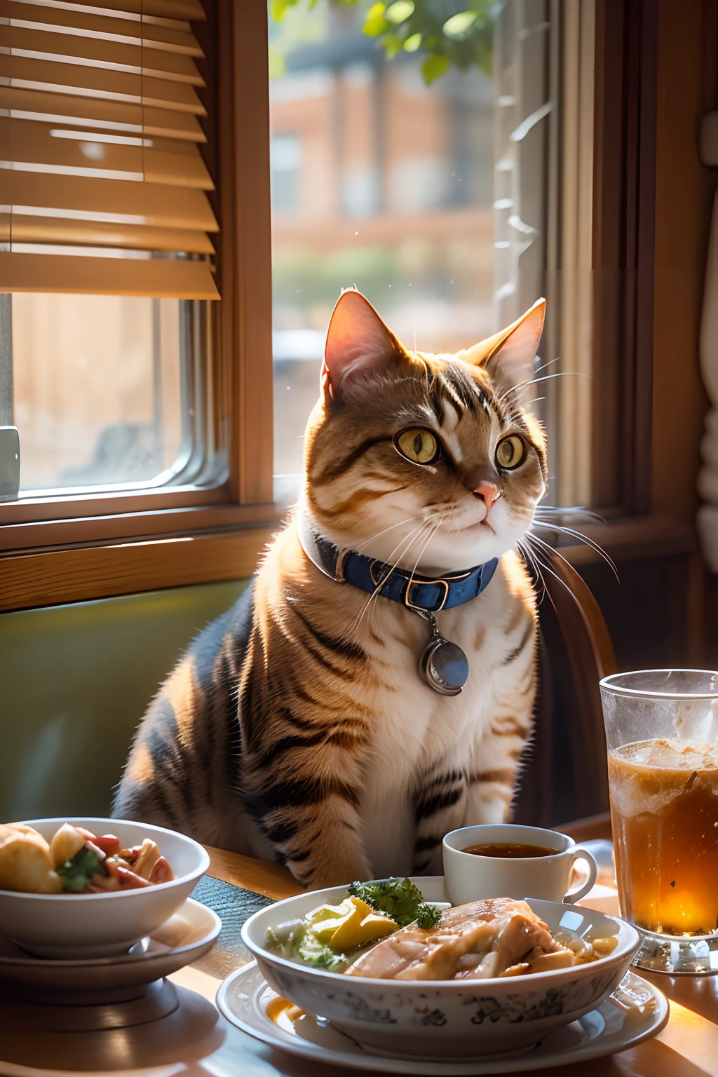 Western-style restaurant, A round-eyed cat sits at the dining table, There is a braised fish on the table.Sunlight outside the window