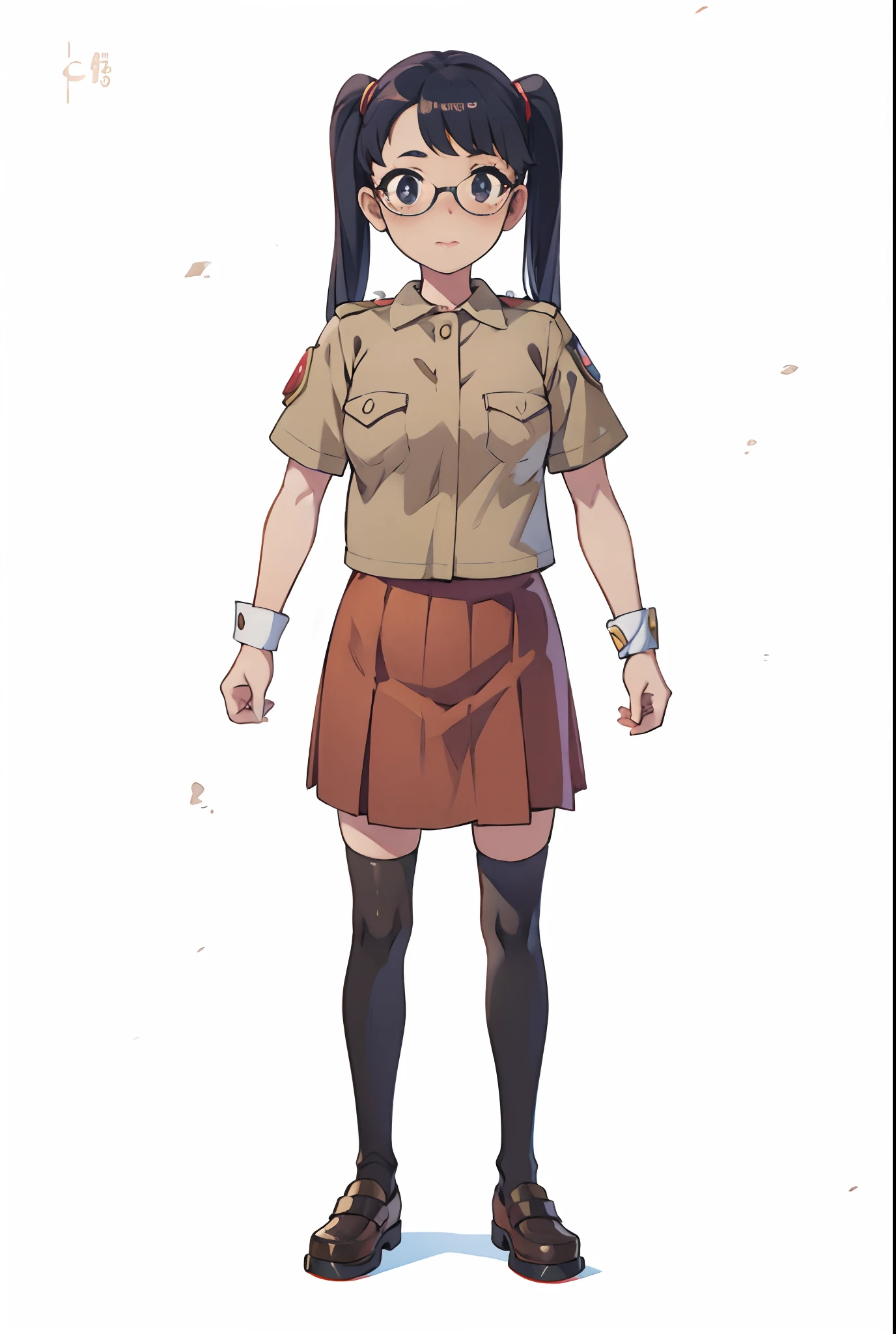 arafed image of a girl in a uniform and glasses, girl wearing uniform, highly detailed character, nagatoro, render of a cute 2d anime girl, 2d model of a japanese mascot, animation character, anime styled 2d, realistic anime 2d style, 2d character, 2d character, 2d anime girl, maya takamura, female scout, female scoy clothes, no logo, no poster, flat breast, 2pocket,
