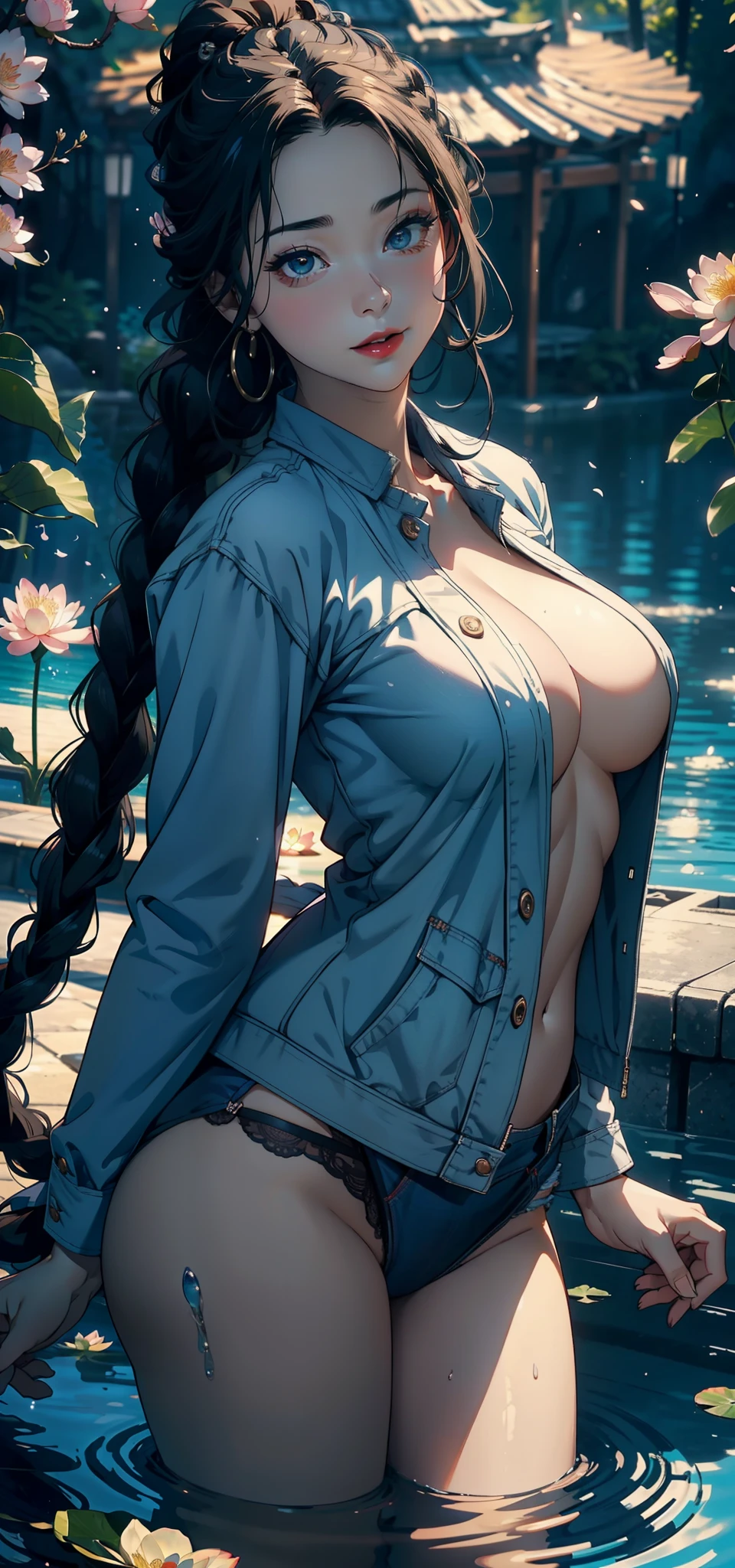 1female，45 yers old，Married Woman，熟妇，plumw，extremely large bosom， 独奏，（Background with：ponds，Cherry blossom forest，lotus flower）Lie underwater， She has long black hair，Twist braids，seen from the front，， mostly cloudy sky，（（（tmasterpiece），（Very detailed CG unity 8K wallpaper），best qualtiy，cinmatic lighting，detailed back ground，beatiful detailed eyes，Bright pupils，Black eyes，Snow-whiteskin，Redlip（Very fine and beautiful），（Beautiful and detailed eye description），ultra - detailed，tmasterpiece，））facing at camera，A high resolution，ultra - detailed），revealing breasts，Bare genitalia，  Bulge，legs are open，Raised sexy，Camel toes，Desire for dissatisfaction，frontage，（Wearing：Blue denim jacket，lace panty，）