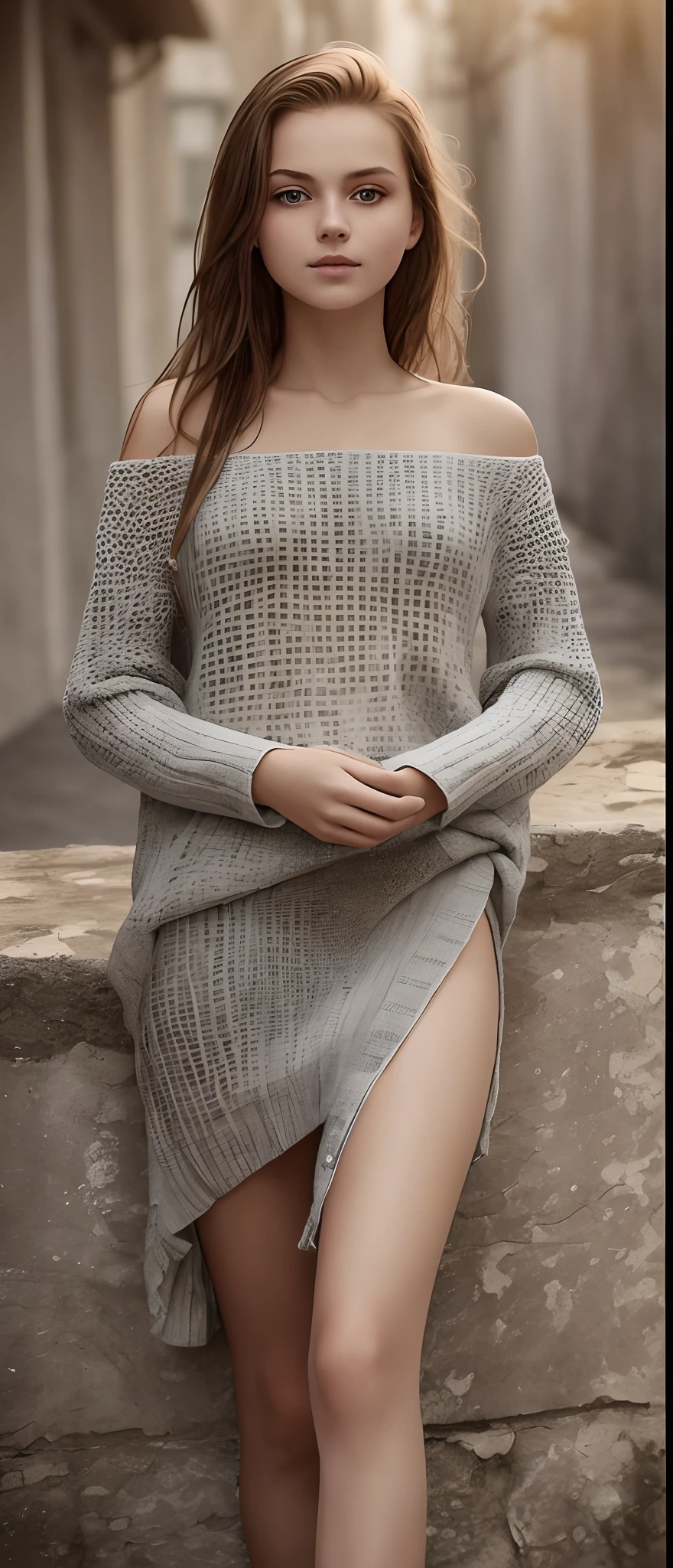 RAW Photography, (((Very beautiful portrait))), ((glistning skin)), ((​masterpiece, intricate detailes)), 1girl in, age19, 独奏, Long hair, Looking at Viewer, Sweaters, Bare shoulders, Mysterious Eyes, blue eyess, smil, off shoulders, Realistic, A sexy