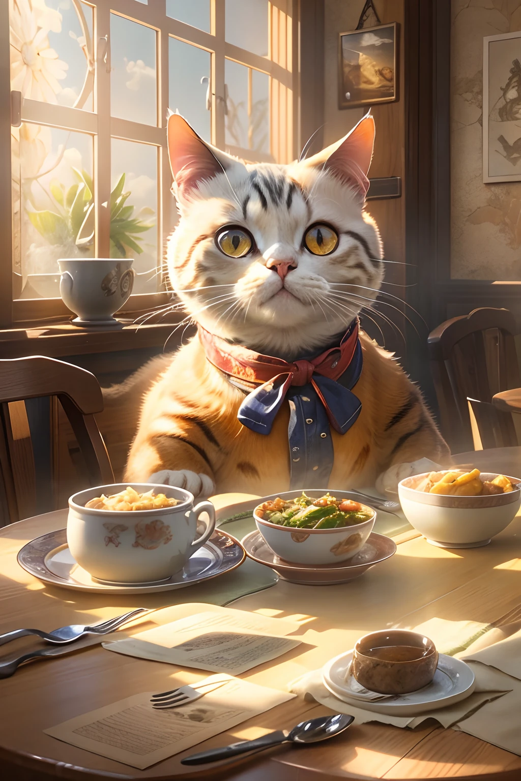 Western-style restaurant, A round-eyed cat sits at the dining table, There is a braised fish on the table.Sunlight outside the window