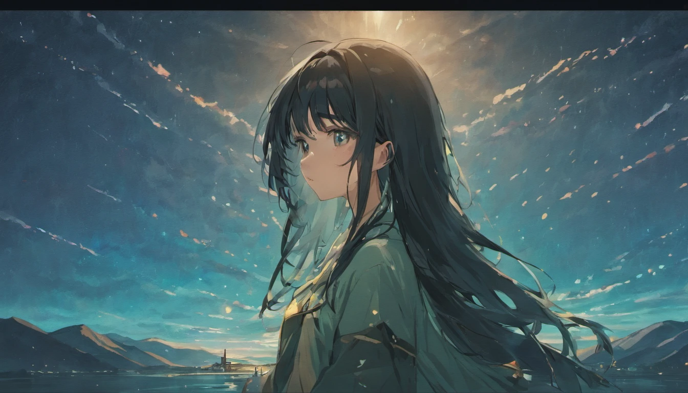 girl，Long black hair，mountain ranges，lake water，Winters，starrysky，sad