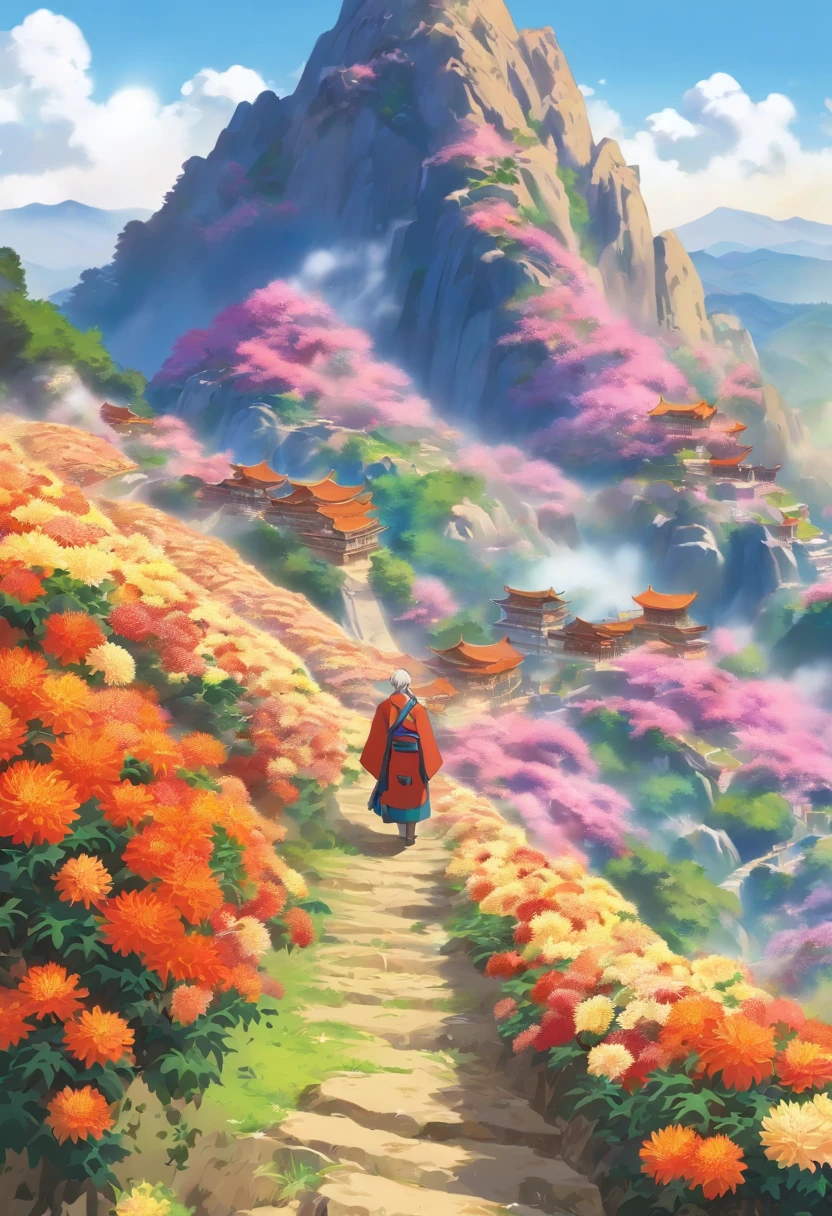 Chung yeung festival,The old man walks,climbing mountain,There are chrysanthemums in the mountains