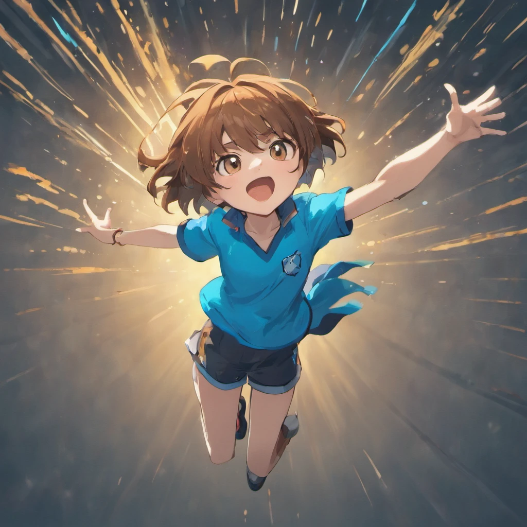 Cartoon boy with brown hair and blue shirt jumping in the air, character is flying, 2 d anime style, 2d cartoon, 2D Cartoon, shounen jump, In anime style, in an anime style, Cartoon Art Style, an animated character, anime style character, [ Digital art ]!!,, jumping posture, Simple cartoon style