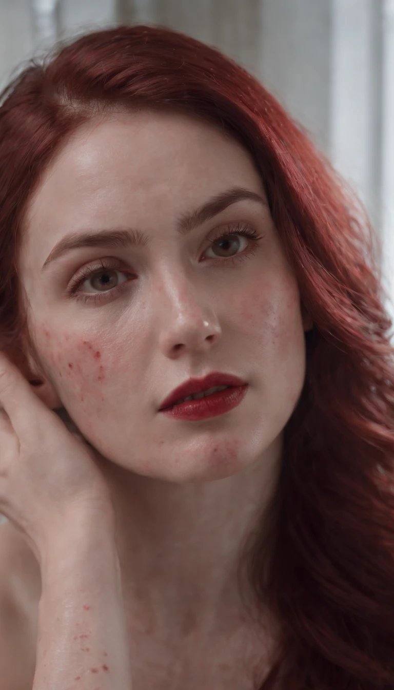 (((a deep reddish wound crosses her left cheek))) fair complexion, woman around 19 years,nude woman,bathing in shower,hands around hip