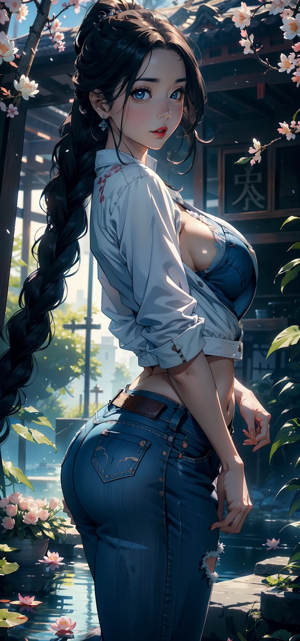 1female,45 yers old,Married Woman,熟妇,plumw,extremely large bosom, 独奏,(Background with:ponds,Cherry blossom forest,lotus flower)Lie underwater, She has long black hair,Twist braids,seen from the front,, mostly cloudy sky,(((tmasterpiece),(Very detailed CG unity 8K wallpaper),best qualtiy,cinmatic lighting,detailed back ground,beatiful detailed eyes,Bright pupils,Black eyes,Snow-whiteskin,Redlip(Very fine and beautiful),(Beautiful and detailed eye description),ultra - detailed,tmasterpiece,))facing at camera,A high resolution,ultra - detailed),revealing breasts,Bare genitalia, Bulge,legs are open,Raised sexy,Camel toes,Desire for dissatisfaction,frontage,(Wearing:Blue denim jacket,Lace black panties,)