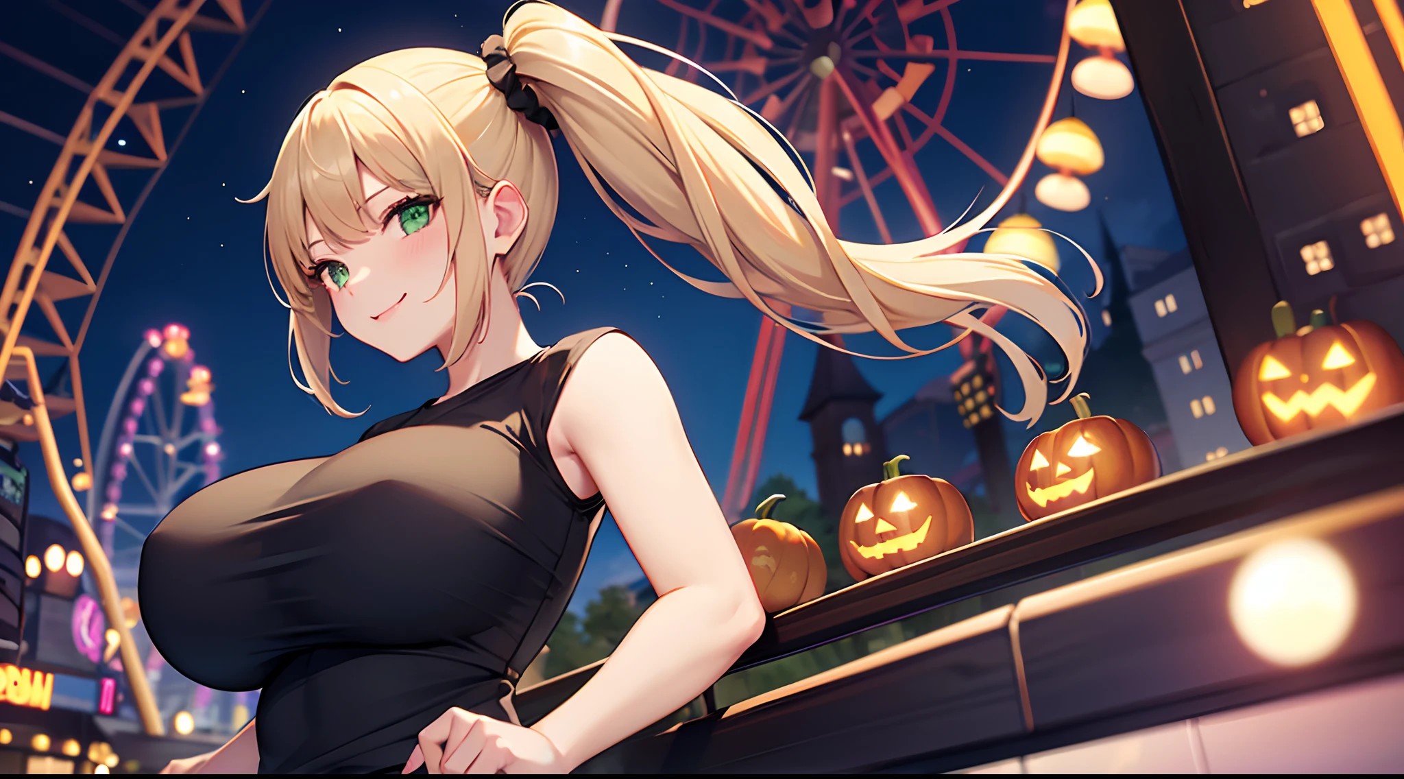 1 girl, game CG, plain black T-shirt, white short skirt, hair scrunchie, gigantic breasts, blonde, middle hair, side ponytail, green eyes, night, amusement park, Halloween background, smile,