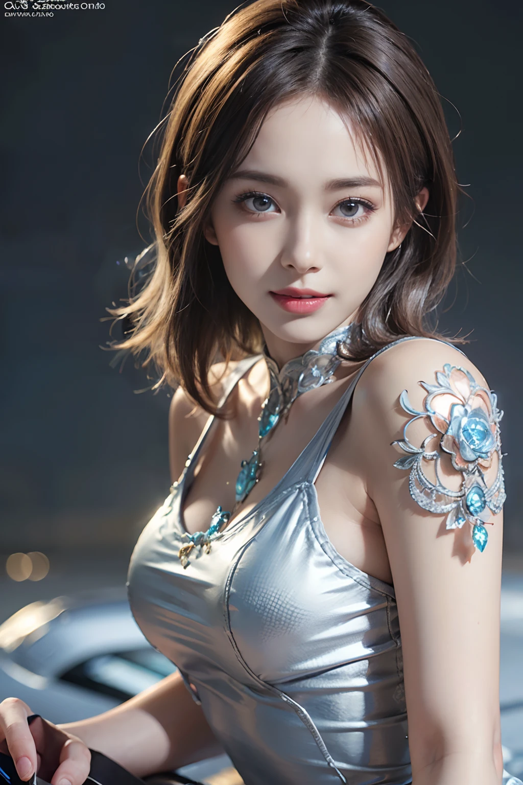 24-year-old race queen, smiling face, obscene pose sitting on the ground, colorful leotard, nipple ring, short layer hair, RAW,(8k, highest quality, masterpiece:1.2),(intricate detail:1.4),(photorealistic:1.4),octane rendering, complex 3d rendering ultra detailed, studio soft light, rim light, vivid details, super detail, realistic skin texture, detail face, beautiful detail eyes, very detailed cg unity 16k wallpaper, makeup, (detailed background:1.2),