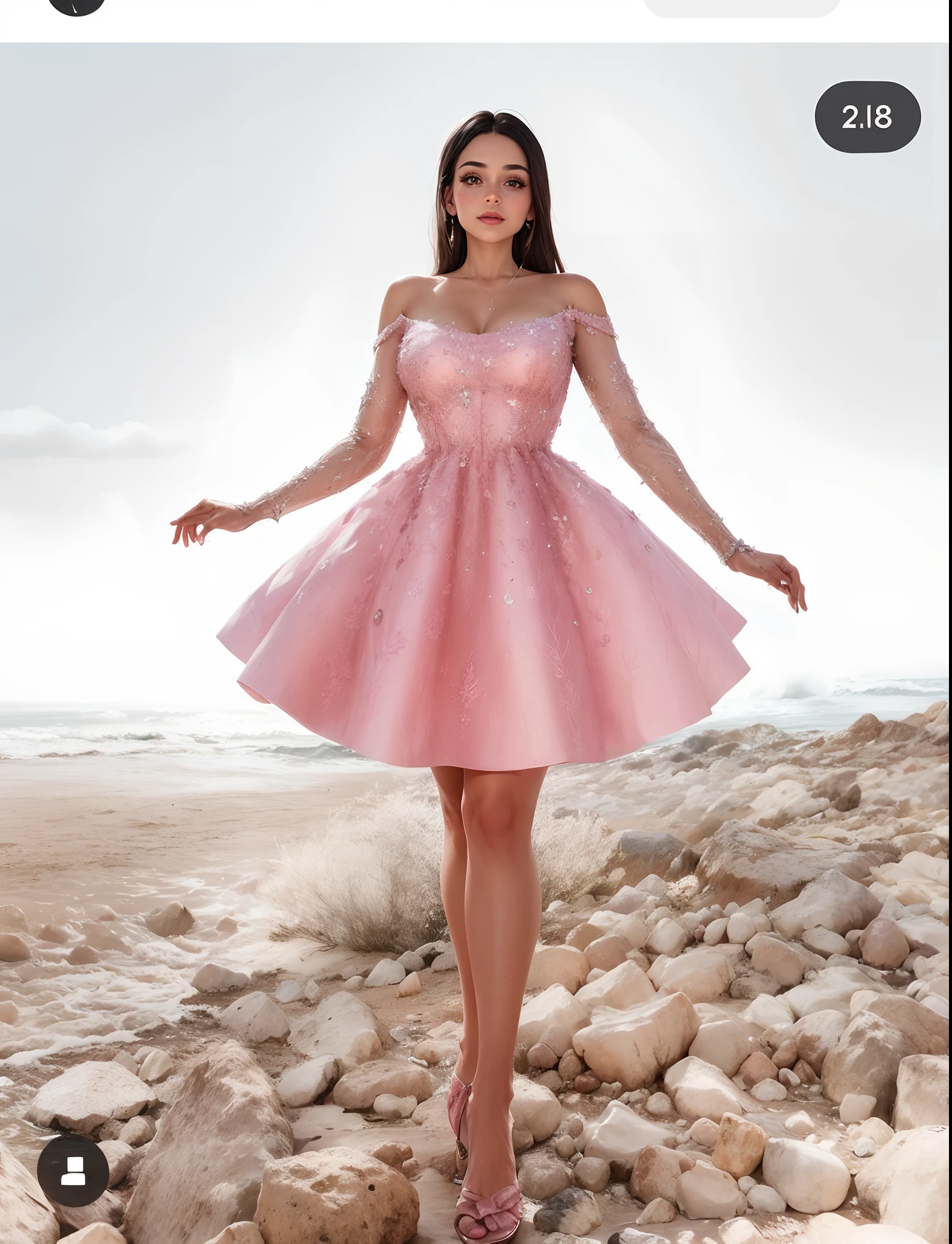 A woman in a pink dress standing on rocks near the ocean, vestido rosa, vestido com um vestido rosa, usando um vestido rosa, vestido de luxo, usando um Vestido elegante, usando um vestido de coquetel, vestido aberto, magic robe, vestido cintilante de diamante, vestido de fantasia, Vestido bonito, Vestido extravagante, vestido curto, vestido de baile rosa brilhante, Vestido elegante