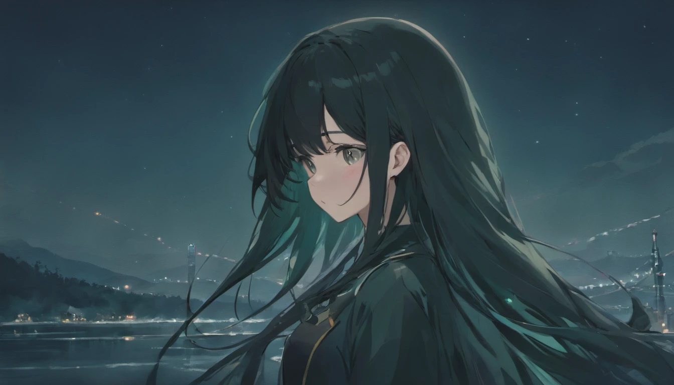 girl,Long black hair,facing at camera,Touch your ear with your right hand,mountain ranges,lake water,Winters,starrysky,sad