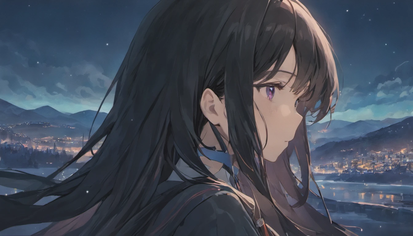 girl,Long black hair,facing at camera,Touch your ear with your right hand,mountain ranges,lake water,Winters,starrysky,sad