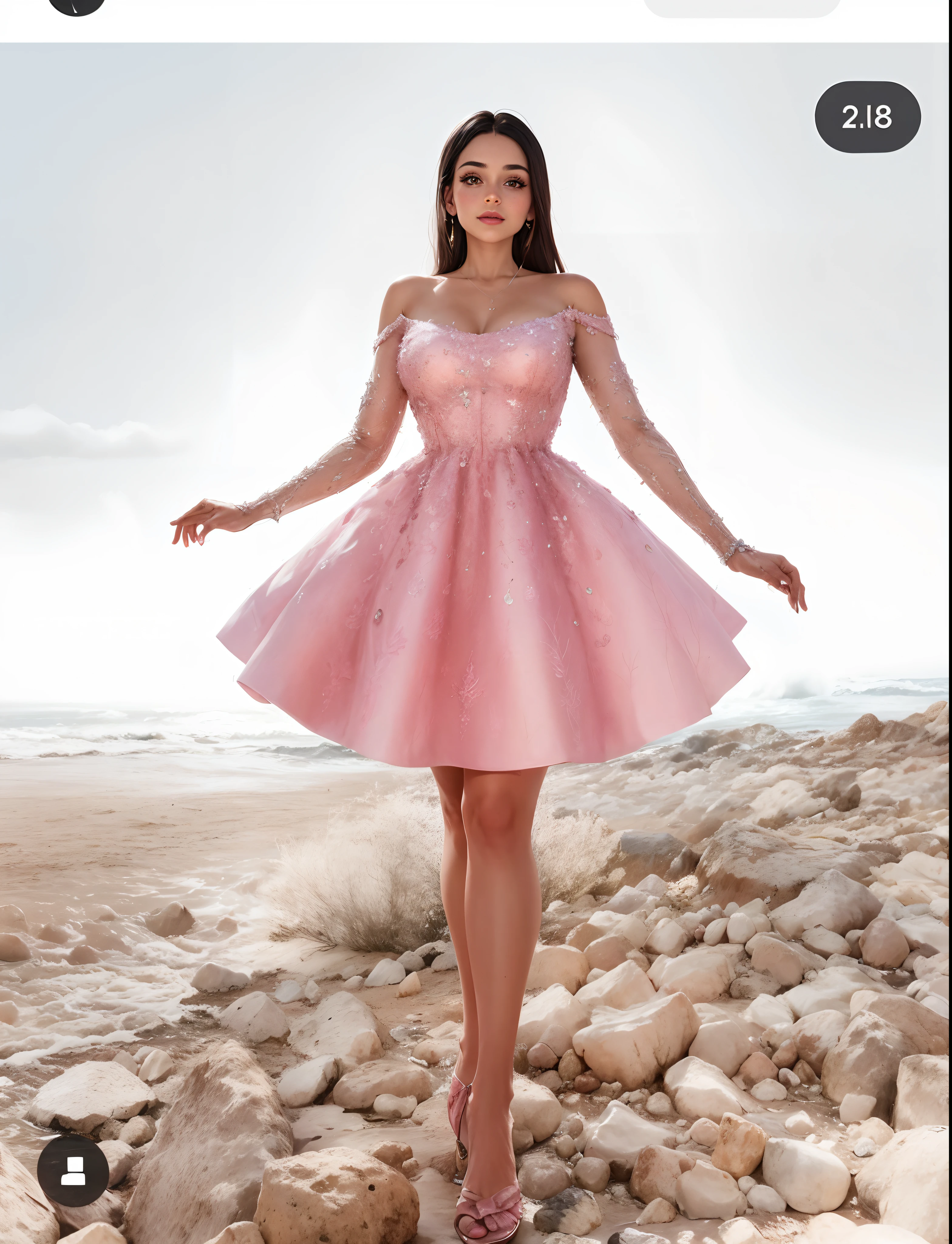 A woman in a pink dress standing on rocks near the ocean, vestido rosa, vestido com um vestido rosa, usando um vestido rosa, vestido de luxo, usando um Vestido elegante, usando um vestido de coquetel, vestido aberto, magic robe, vestido cintilante de diamante, vestido de fantasia, Vestido bonito, Vestido extravagante, vestido curto, vestido de baile rosa brilhante, Vestido elegante