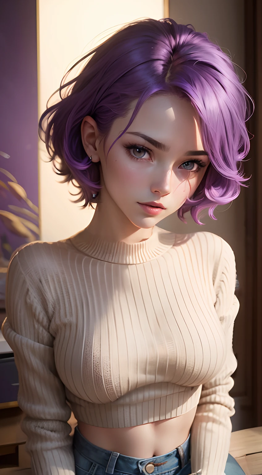 (Detailed face and body:1.1), (vivid colors:1.1), (realistic:1.37), (soft focus), (high-resolution), (painting style), (studio lighting:1.1), (purple hair:1.1), (beautiful face), (slim body), (small breasts), (naked), (emphasis on face and breasts), (intimate moment), (romantic atmosphere)