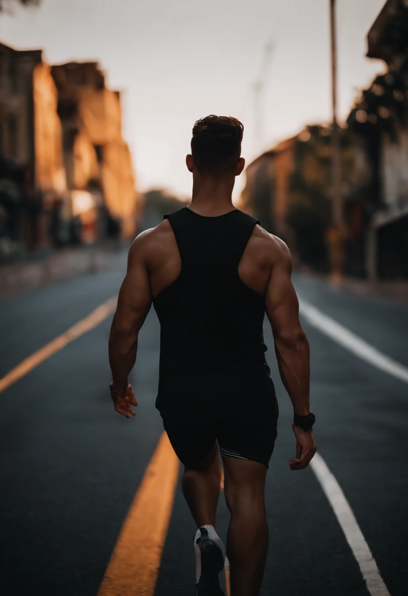 Only the background can be seen,A half body,Athlete body type,Walking on the road background,Black tones,Film light and shadow,k hd