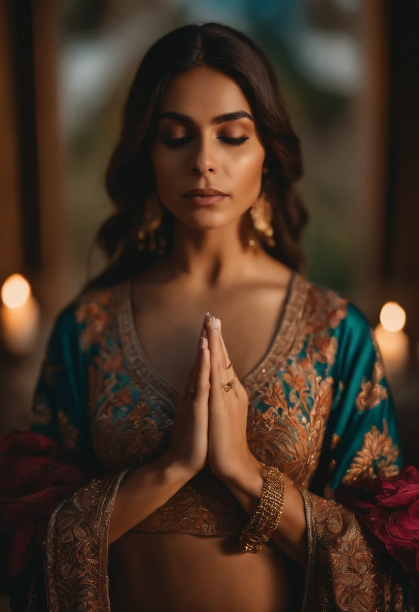 uma mulher de 25 anos, com roupas angelicais que cobrem todo o corpo, hands in prayer position, staring directly at camera
