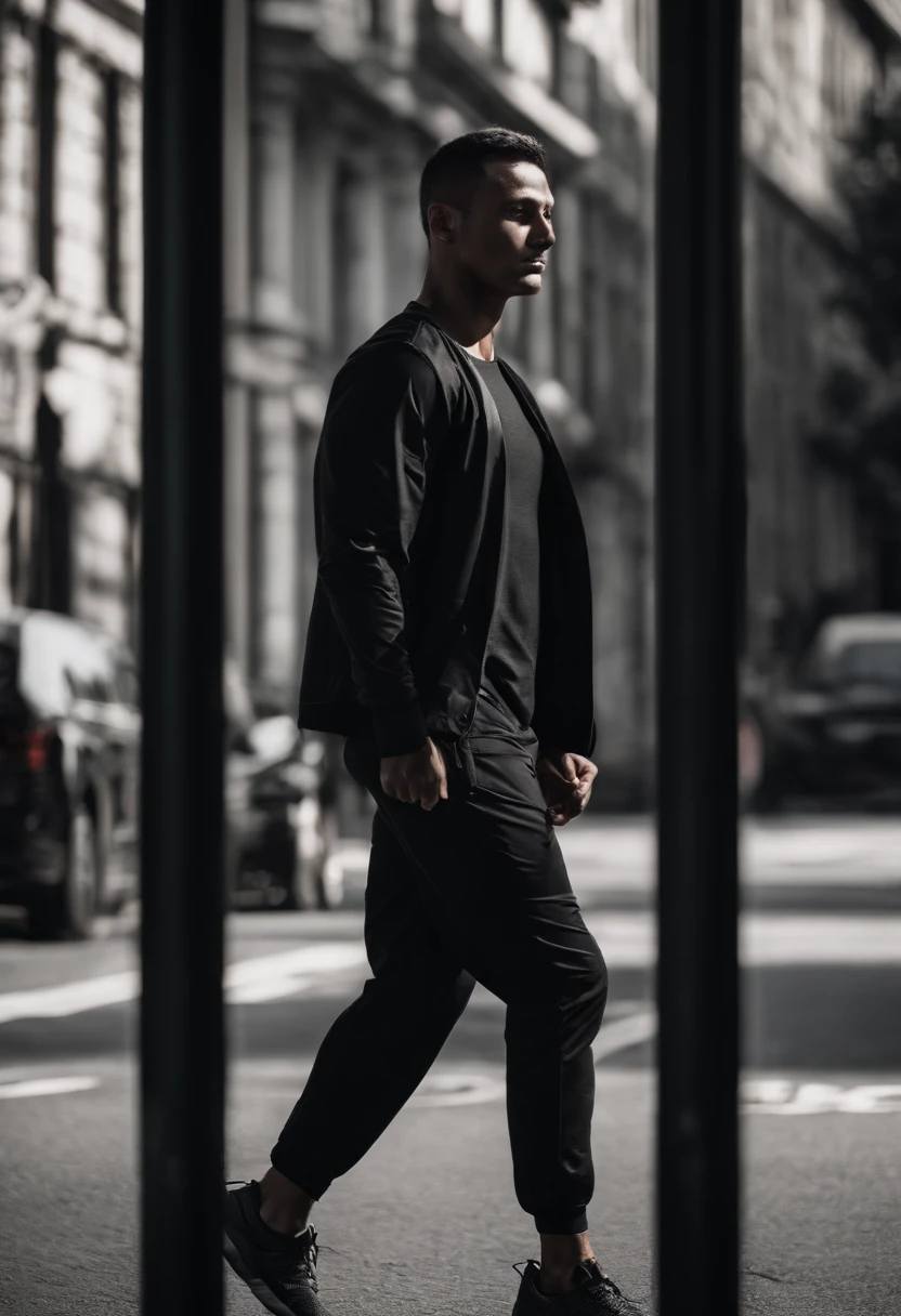 Only the background can be seen,A half body,Athlete body type,Walking on the road background,Black tones,Film light and shadow,k hd