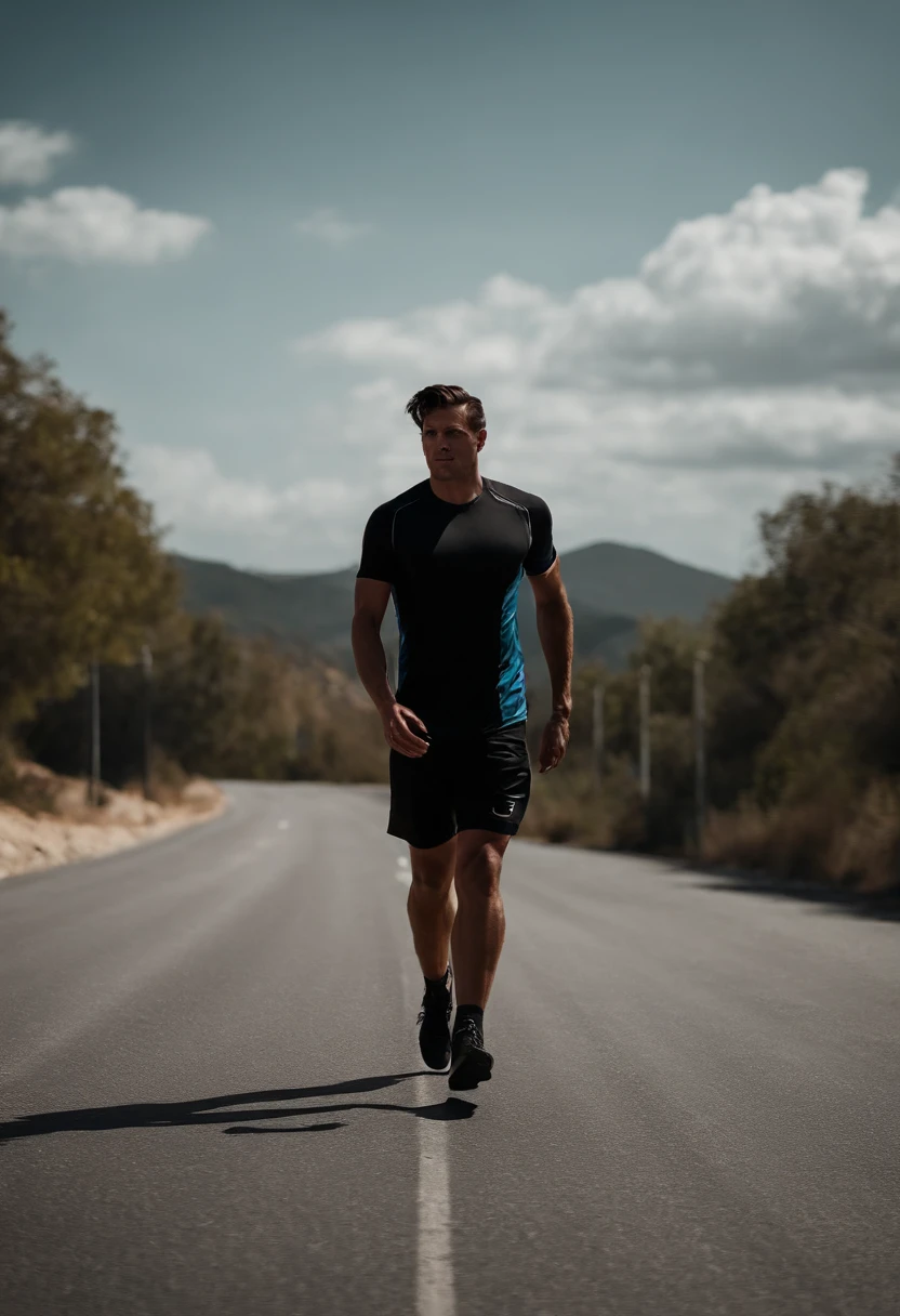 Only the background can be seen，A half body，Athlete body type，Walking on the road background，Black tones，Film light and shadow，k hd