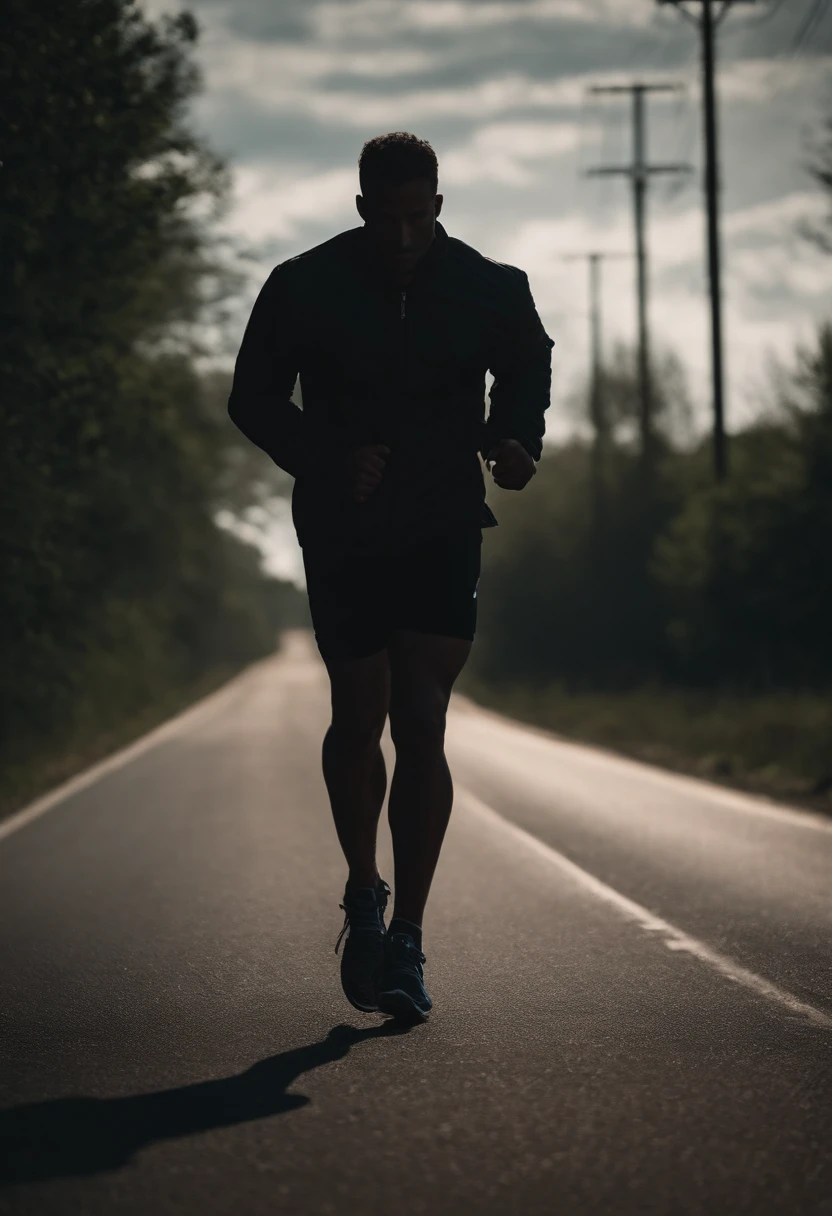 Only the background can be seen,A half body,Athlete body type,Walking on the road background,Black tones,Film light and shadow,k hd