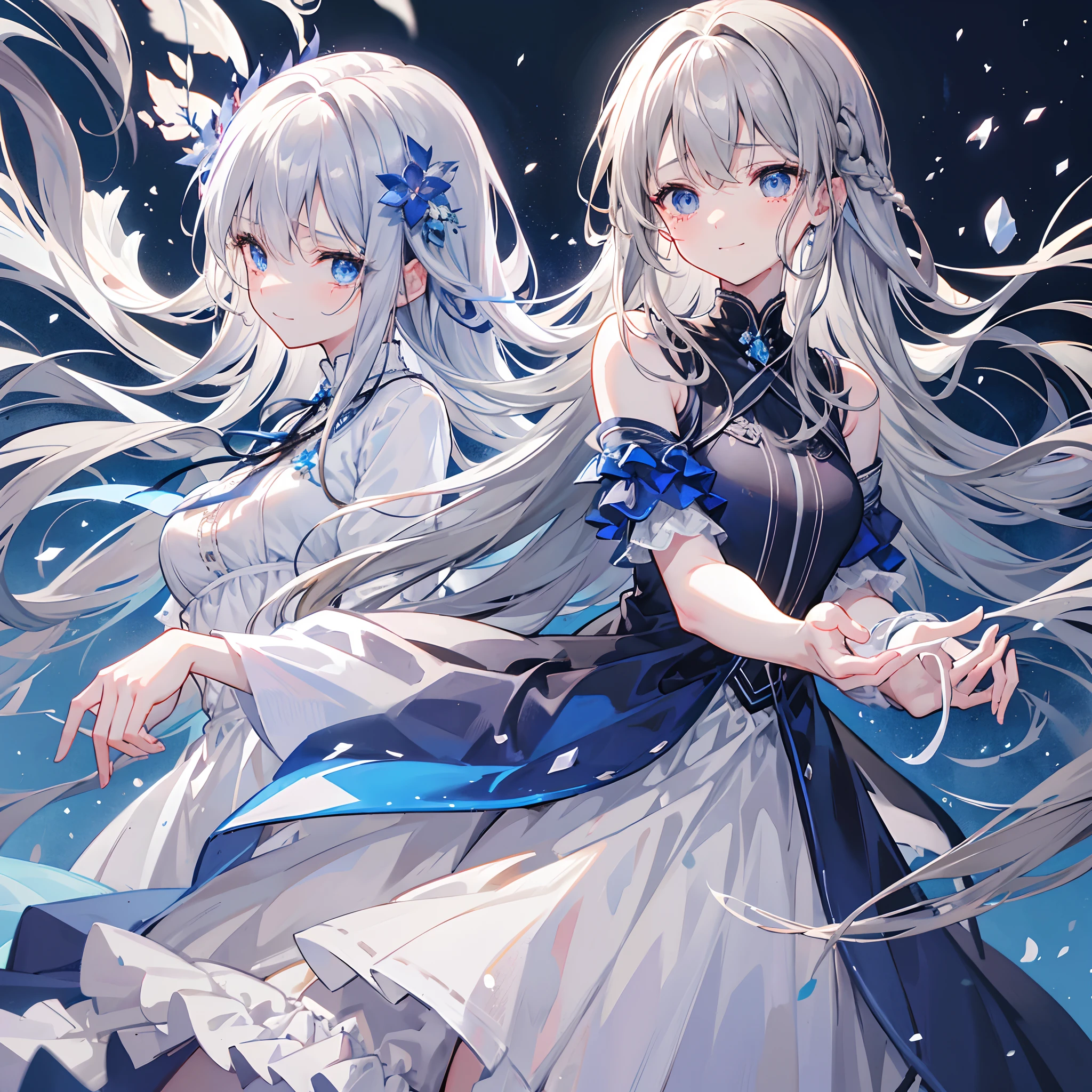Long brownish-gray hair,Dark blue eyes,Smile but shed tears,Tears welled up in the corners of his eyes,Blue head rope,Smile back,Ear baring,white dresses,Very innocent girl,Holding a withering flower in his hand,Behind it is the appearance of a bustling city,Motion blur of the picture。