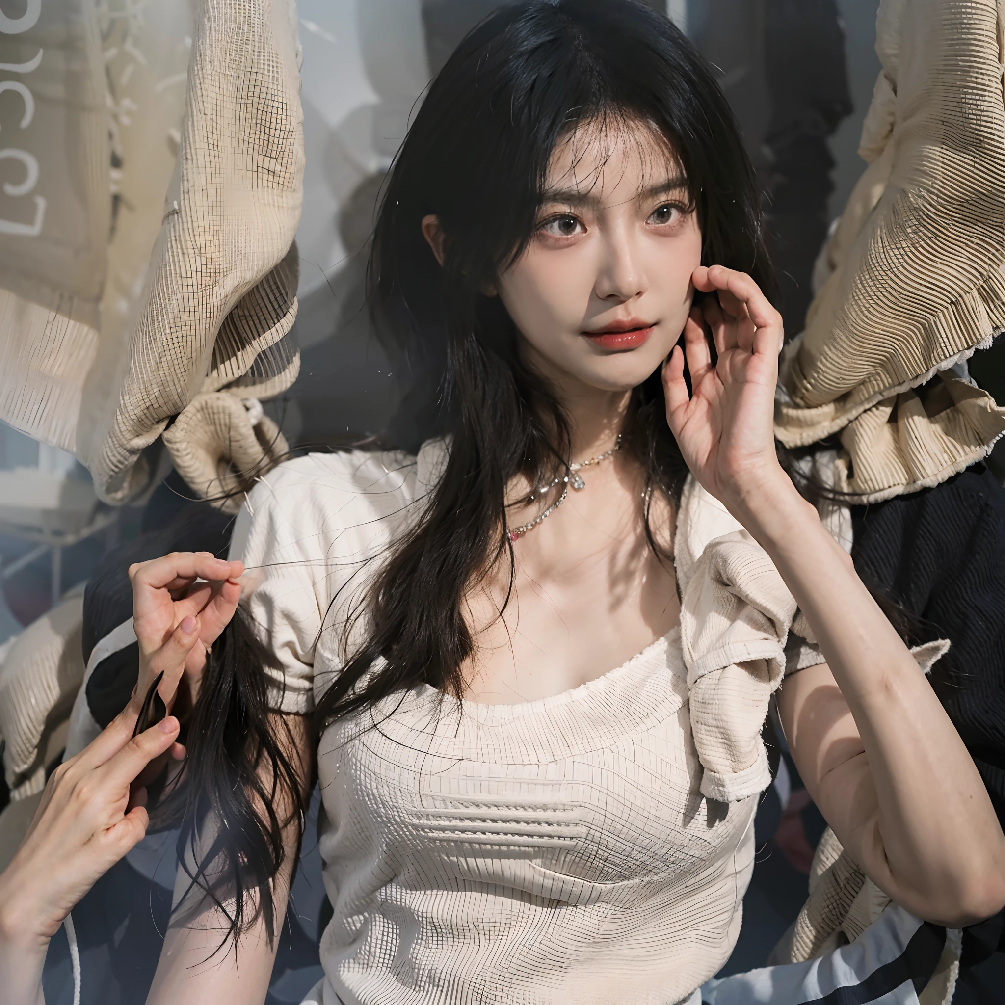 best qualtiy， 超高分辨率， （realisticlying：1.4），Baoyu Girl，1girll, with long coiled hair，Blushlush，Looking into the distance，nedium breasts，Peony cheongsam，a sense of atmosphere，Beautiful woman with a slim figure:1.4，Ultra-fine face，Elaborate Eyes，二重まぶた，choker necklace