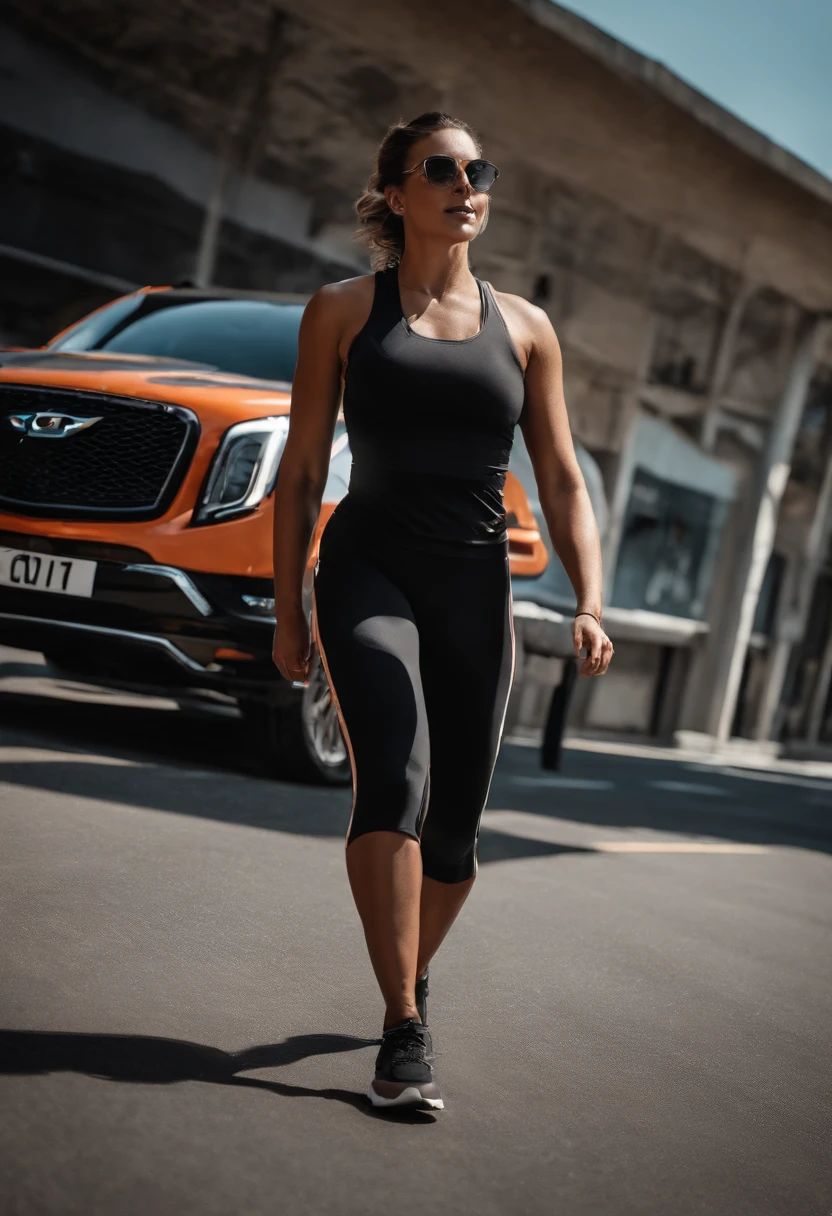 Only the background can be seen，A half body，femele，Athlete body type，Short-sleeved trackwear，Walking on the road background，Black tones，Film light and shadow，k hd