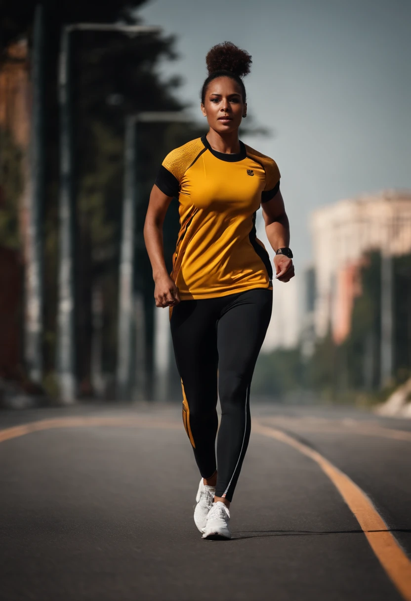 Only the background can be seen,A half body,femele,Athlete body type,Short-sleeved trackwear,Walking on the road background,Black tones,Film light and shadow,k hd