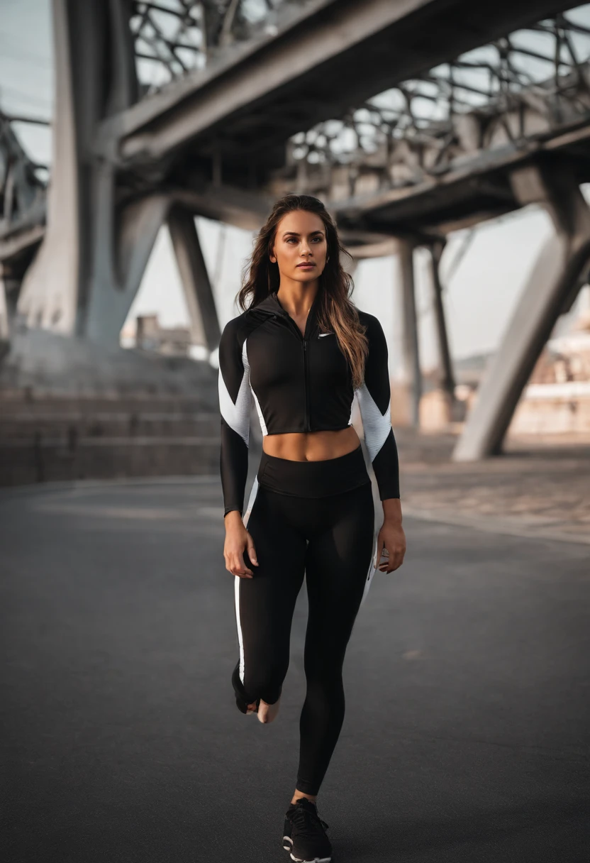 La mismo modelo posando con top y pantalon corto deportivo ajustado