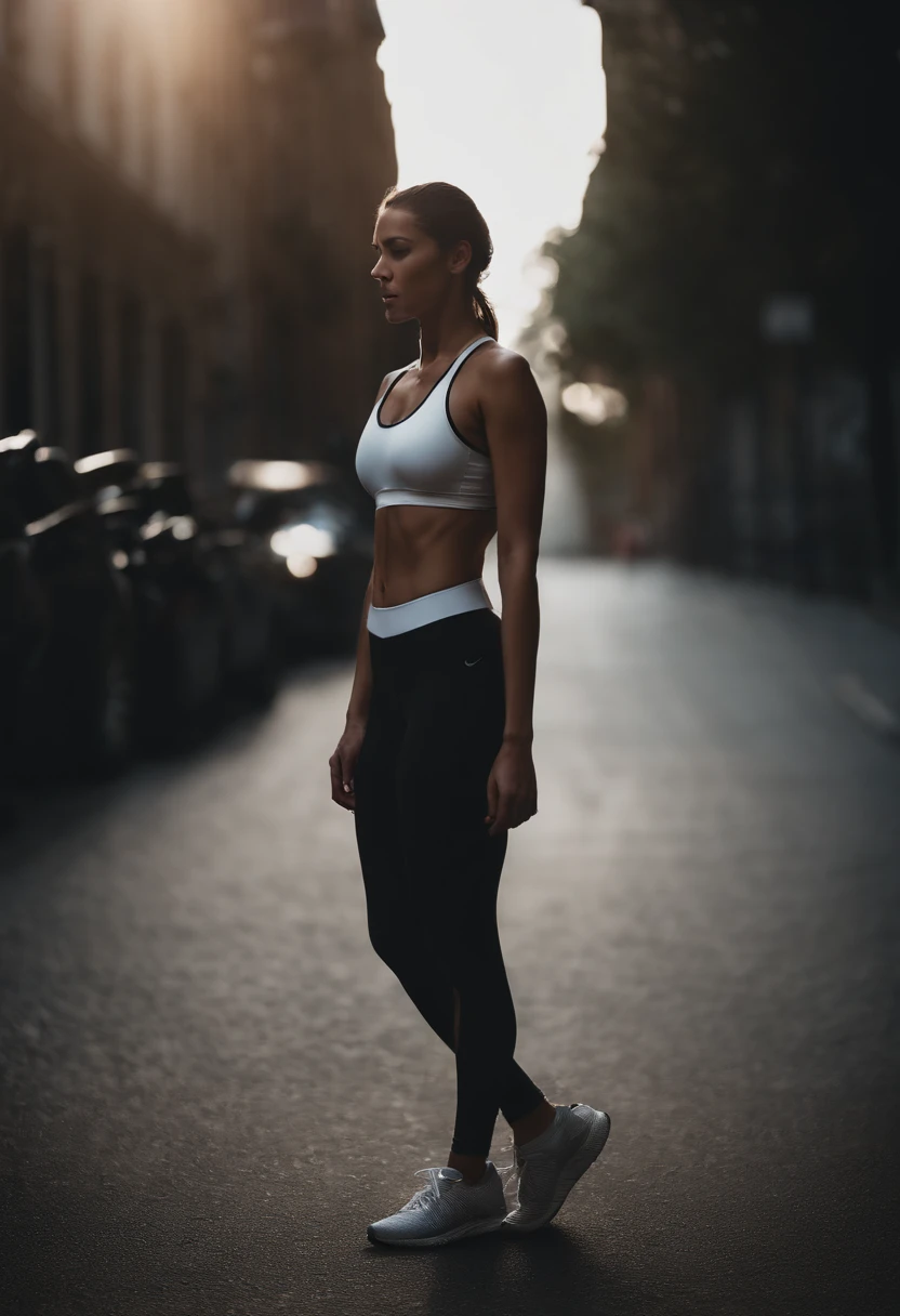 Only the background can be seen,A half body,femele,Athlete body type,Short-sleeved trackwear,Walking on the road background,Black tones,Film light and shadow,k hd