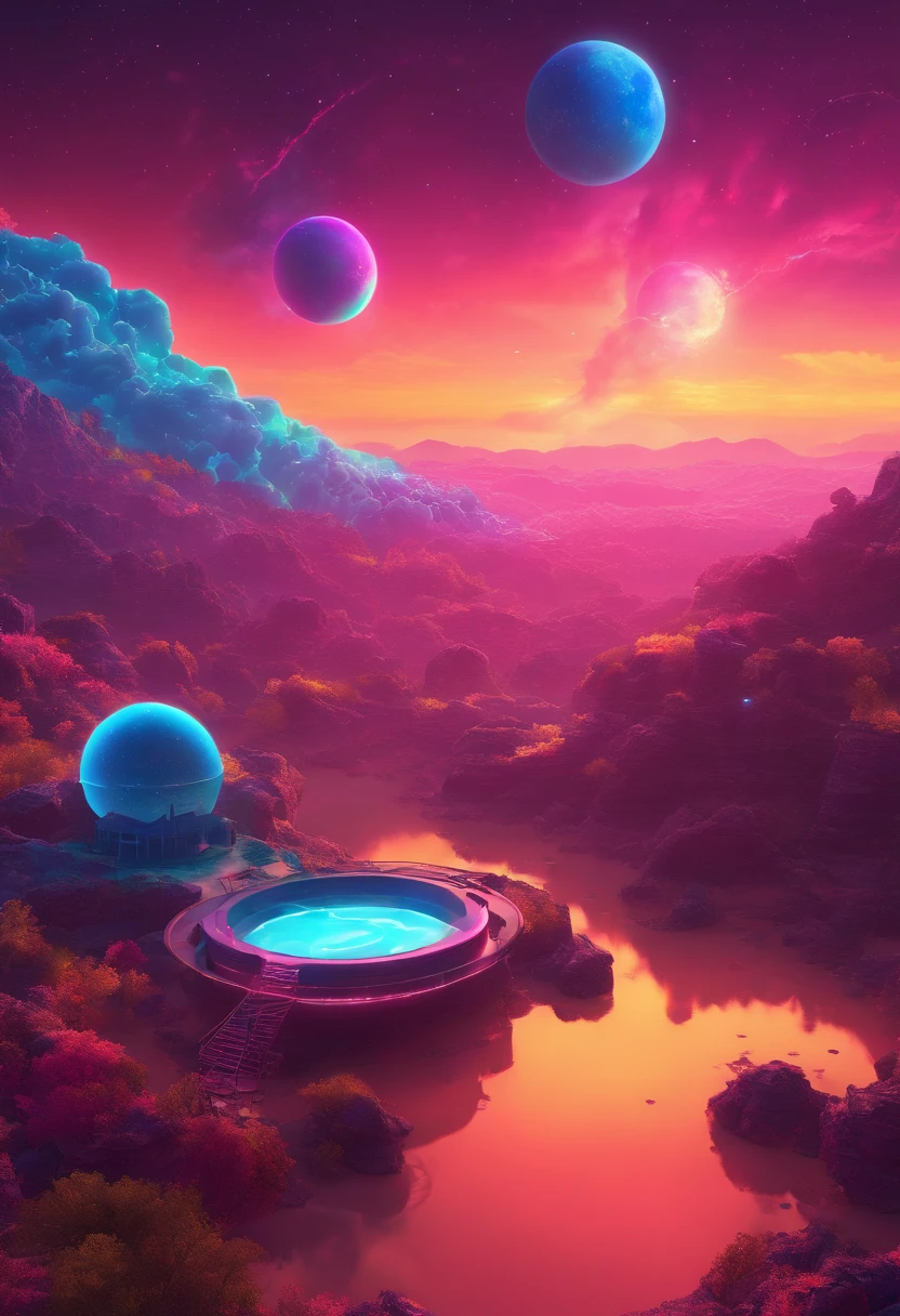 dock in space watching over a cliff in space , in the distance a bright ,big and colorful donut shaped planet, candy asteroid shower lighting up a sky illuminated by a vivid, surreal sky of neon hues. Dock in space watching over a cliff in space , in the distance a bright ,big and colorful donut shaped planet, candy asteroid shower listing up a sky illuminated by a vivid, surreal sky of neon hues.