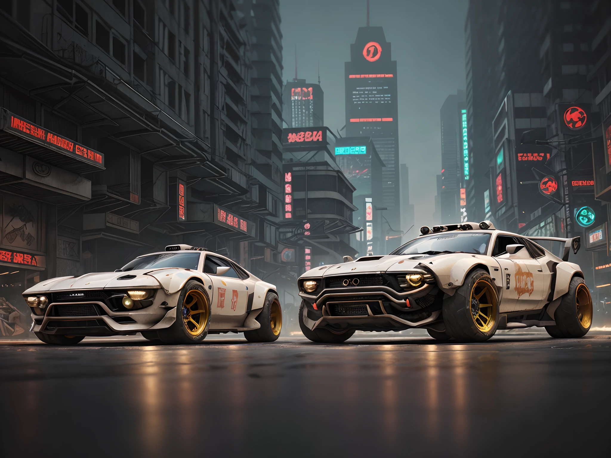 a 3/4 front view of ((cyberpunk futuristic seeker's)) (with neon glowing tires), at the outdoor, night time , 1car