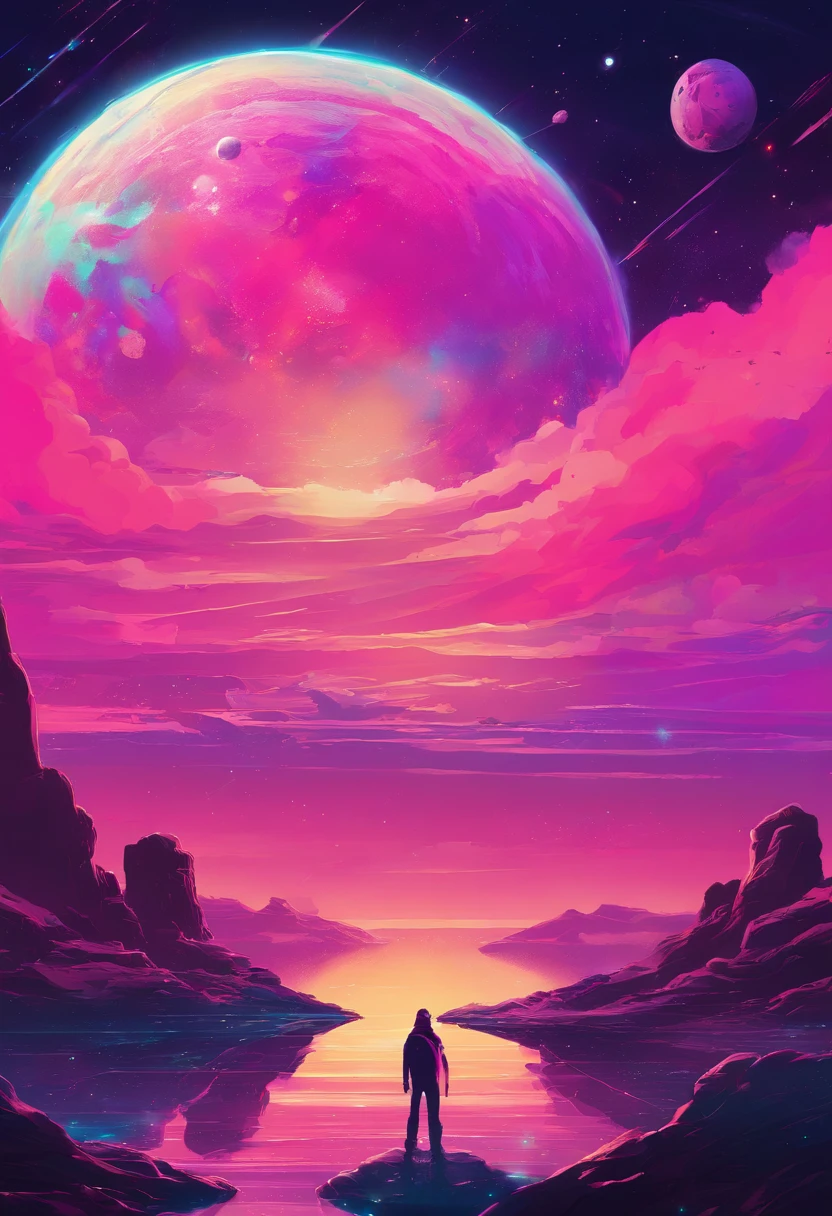 dock in space watching over a cliff in space , in the distance a bright ,big and colorful donut shaped planet, candy asteroid shower lighting up a sky  illuminated by a vivid, surreal sky of neon hues. Dock in space watching over a cliff in space , in the distance a bright ,big and colorful donut shaped planet, candy asteroid shower listing up a sky  illuminated by a vivid, surreal sky of neon hues.