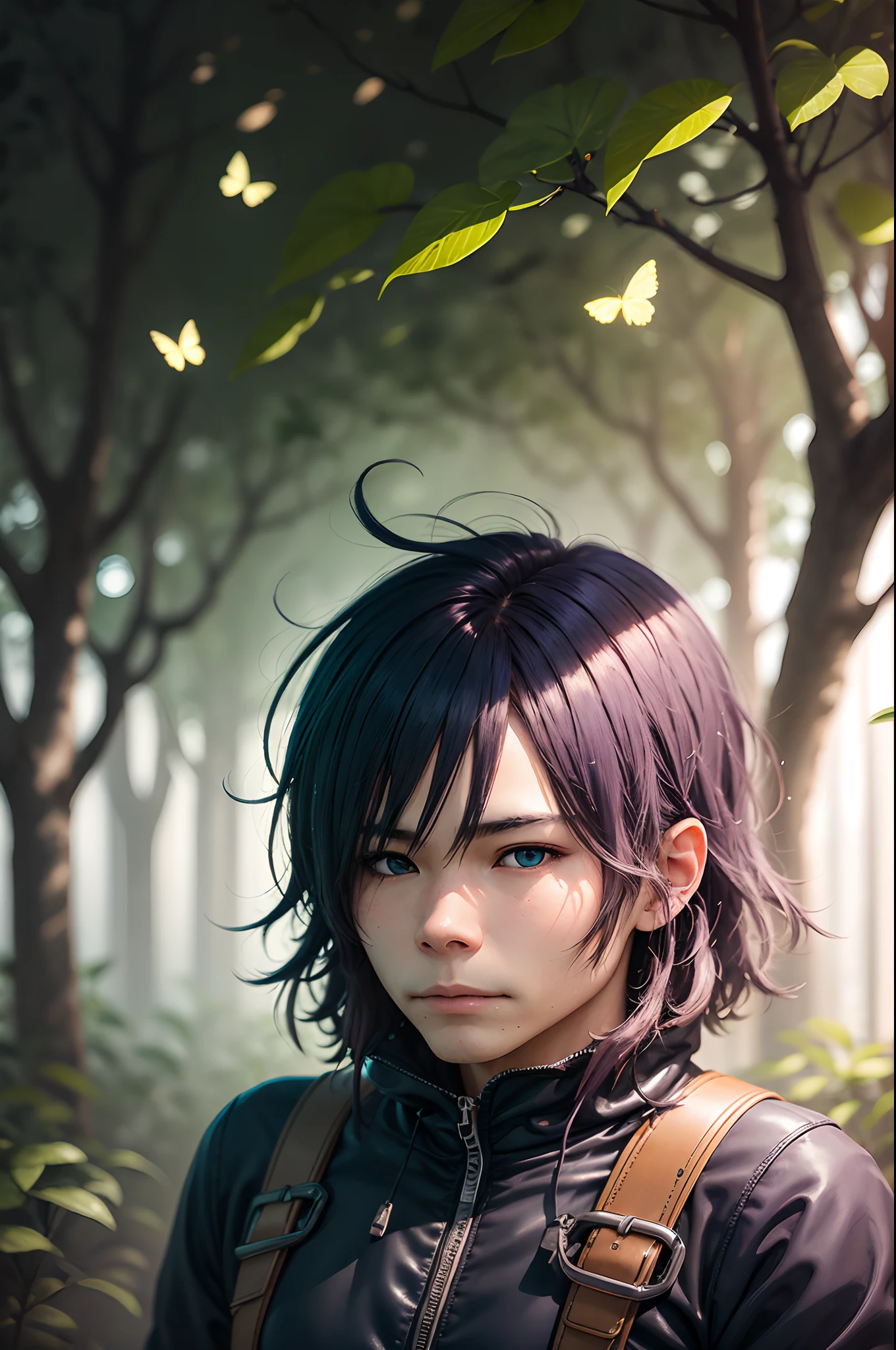 Mysterious Forest in the Twilight, Anime girl like glowing air, Sapphire blue eyes and translucent butterfly wings, Surrounded by bioluminescent plants, Unleash a sense of enchantment and wonder, Illustration, Digital Art, --ar 9:16 - V 5