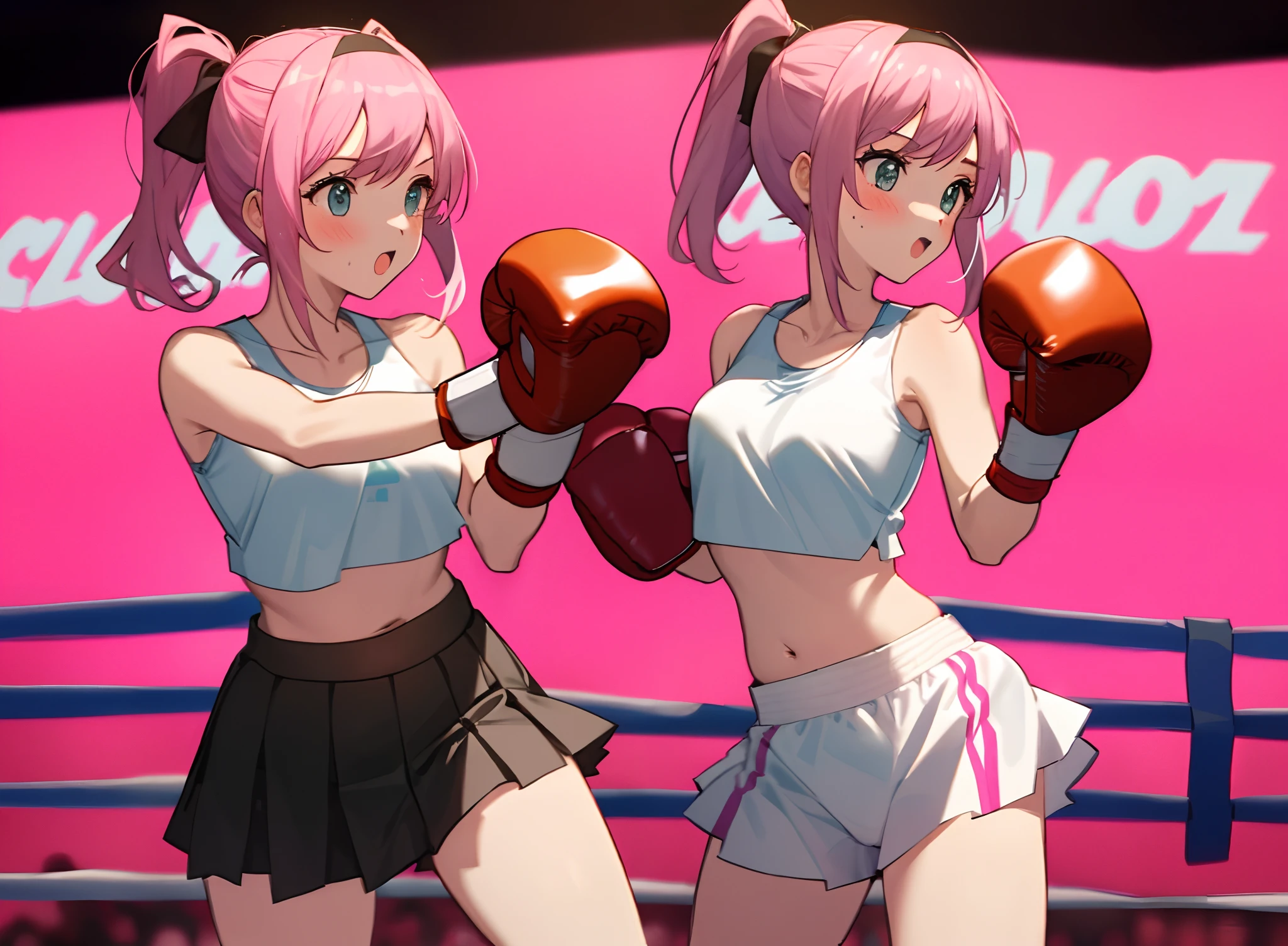 there are two pictures of a woman in a boxing ring, fight pose, in fighter poses, boxing, realistic anime 3 d style, boxing stance, in a boxing ring, boxing match, fighter pose, anime styled 3d, 3 d anime realistic, realistic anime artstyle, anime cgi style, rumble roses, fighting pose, dead or alive 6, anime realism style