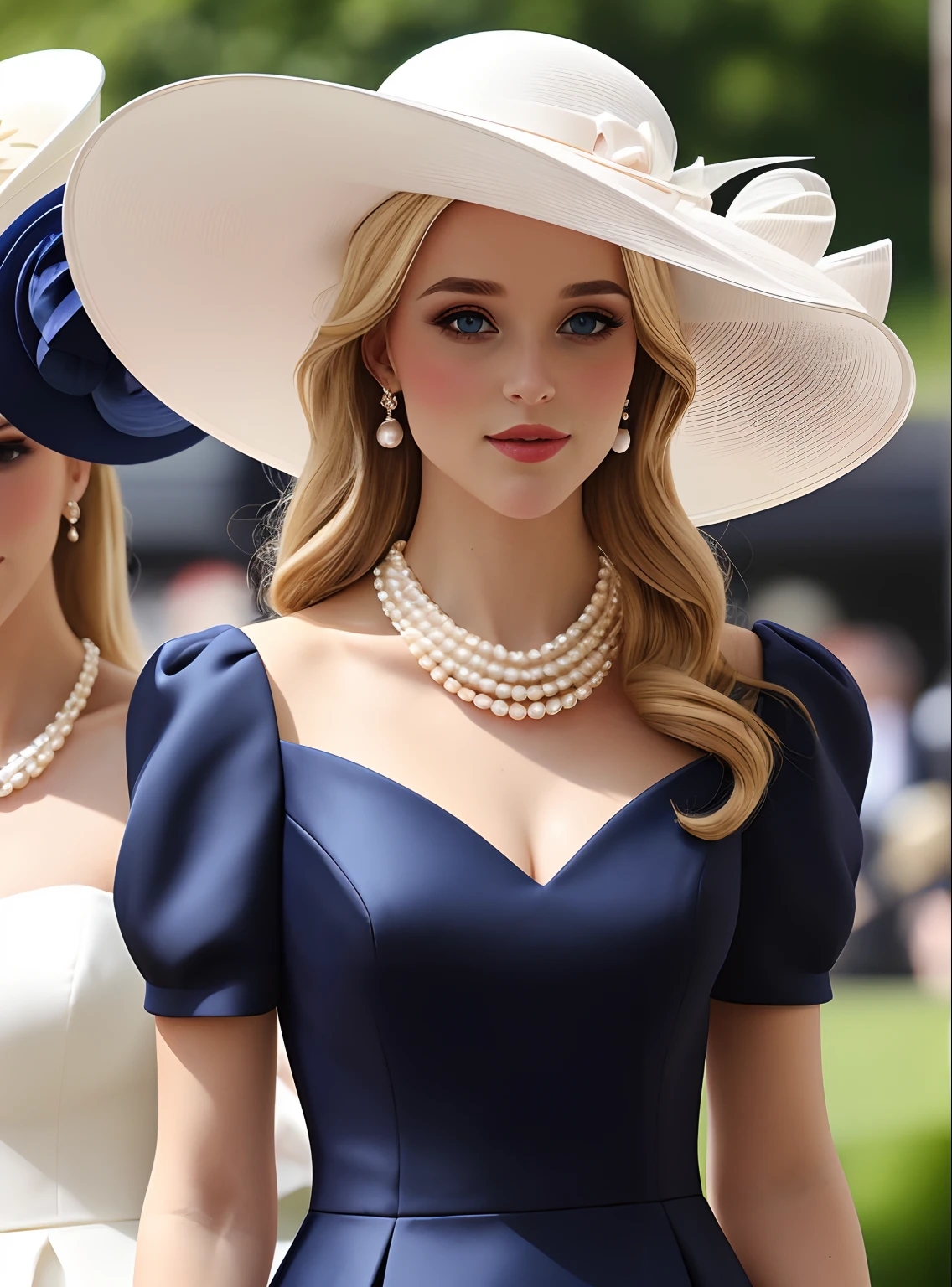 A modern-day gorgeous young English beauty dressed for Royal Ascot in an ultra-conservative dress with puffed sleeves, hat, pearl necklace, elegantly styled blonde hair, and dark eyes