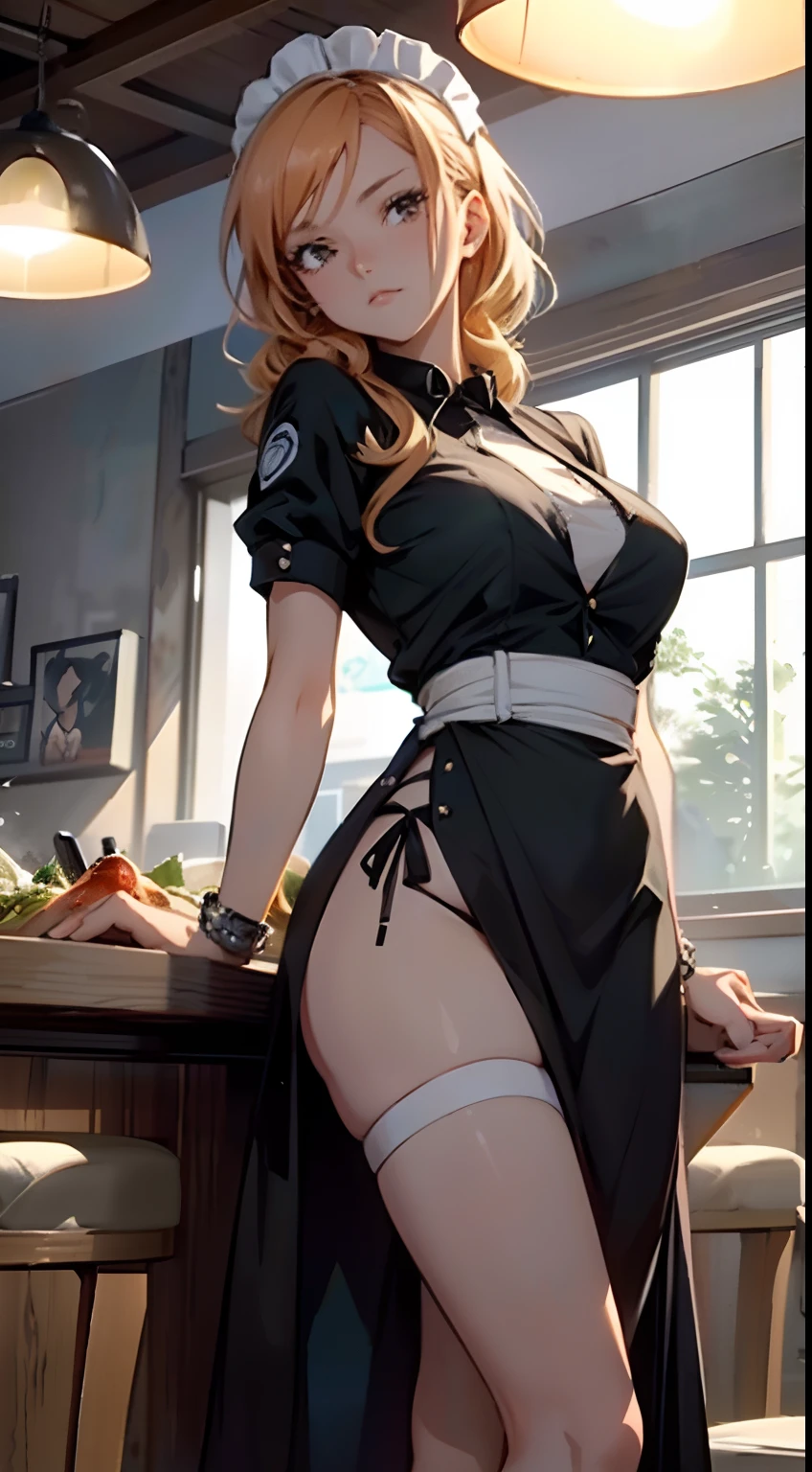 CG unity, 8k, Nami from the anime "one piece" picture her in a sexy maid uniform working in a restaurant, artwork, masterpiece, perfect lightning, highly detailed illustration
