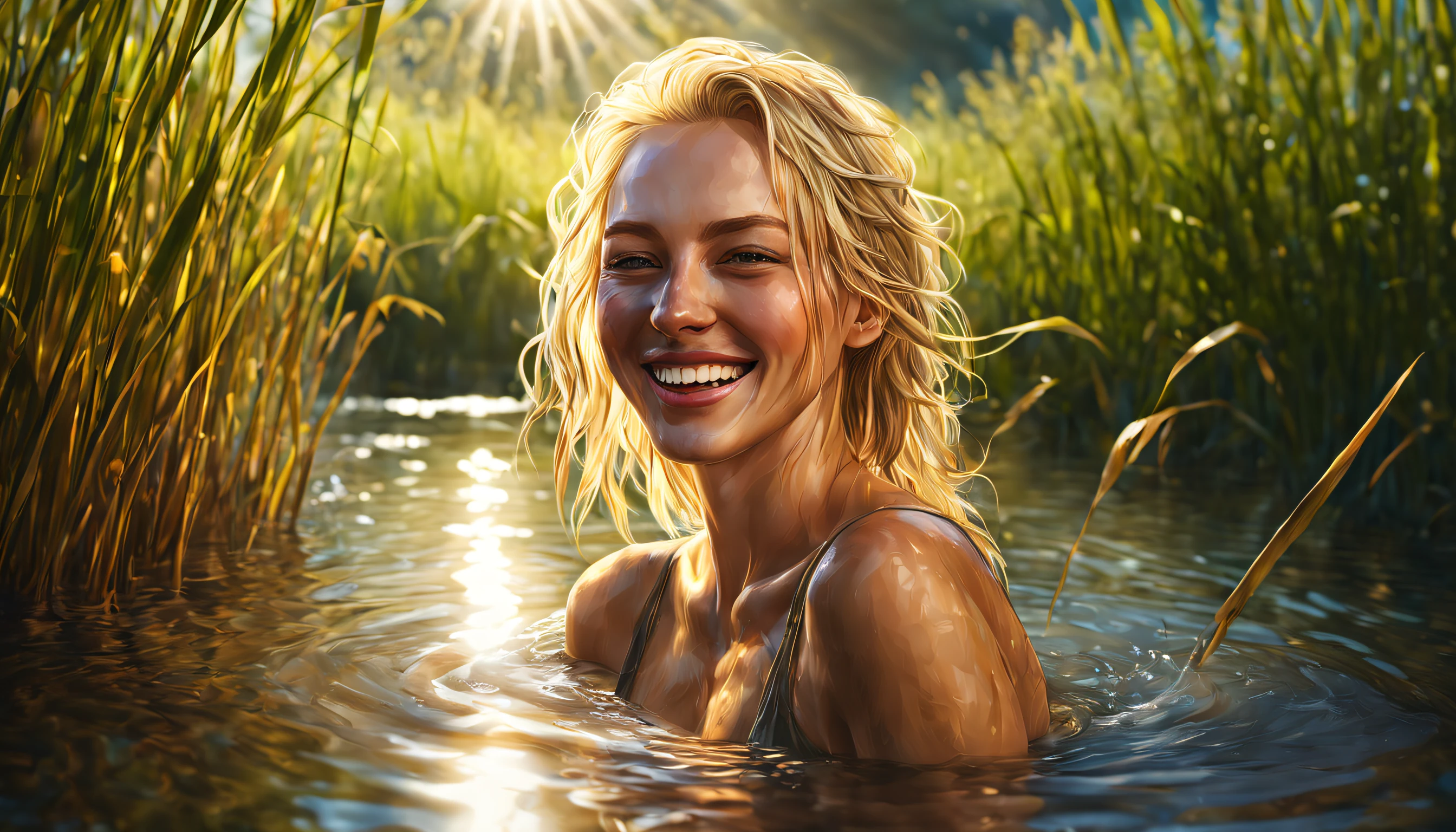 Lose portrait of a pretty woman bathing in a river, reeds, (backlit), realistic, masterpiece, highest quality, lens flare, shadow, bloom, with blonde hair sticking out, she laughs, her hair smiling, her skin and hair wet with river water, art station, detailed digital painting, cinematic, hyper-realistic, octane rendering, ((intricate details)), detailed eyes, hdr, ((intricate details, hyper-detailed)), close-up of the expensive