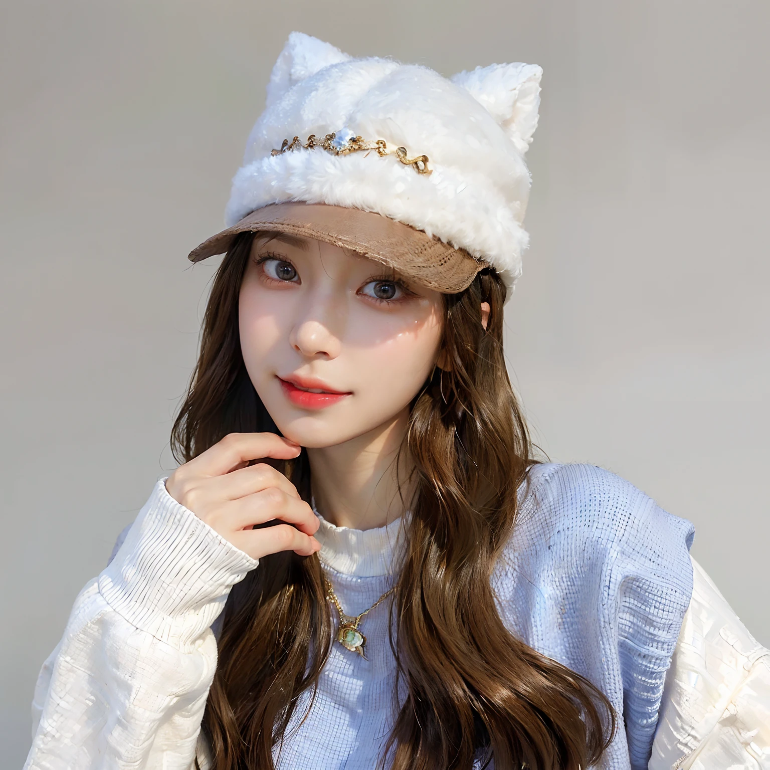 ((Best picture quality, 8K, tmasterpiece: 1.3)), perfect compositions,ulzzangs,Natural light lighting, A cute beauty with a perfect figure: 1.4, Slim big breasts, ((with short brown hair)) , (Upper body portrait,Highly detailed face,smiling expression,)white backgrounid,Sweaters, 18 years old cute