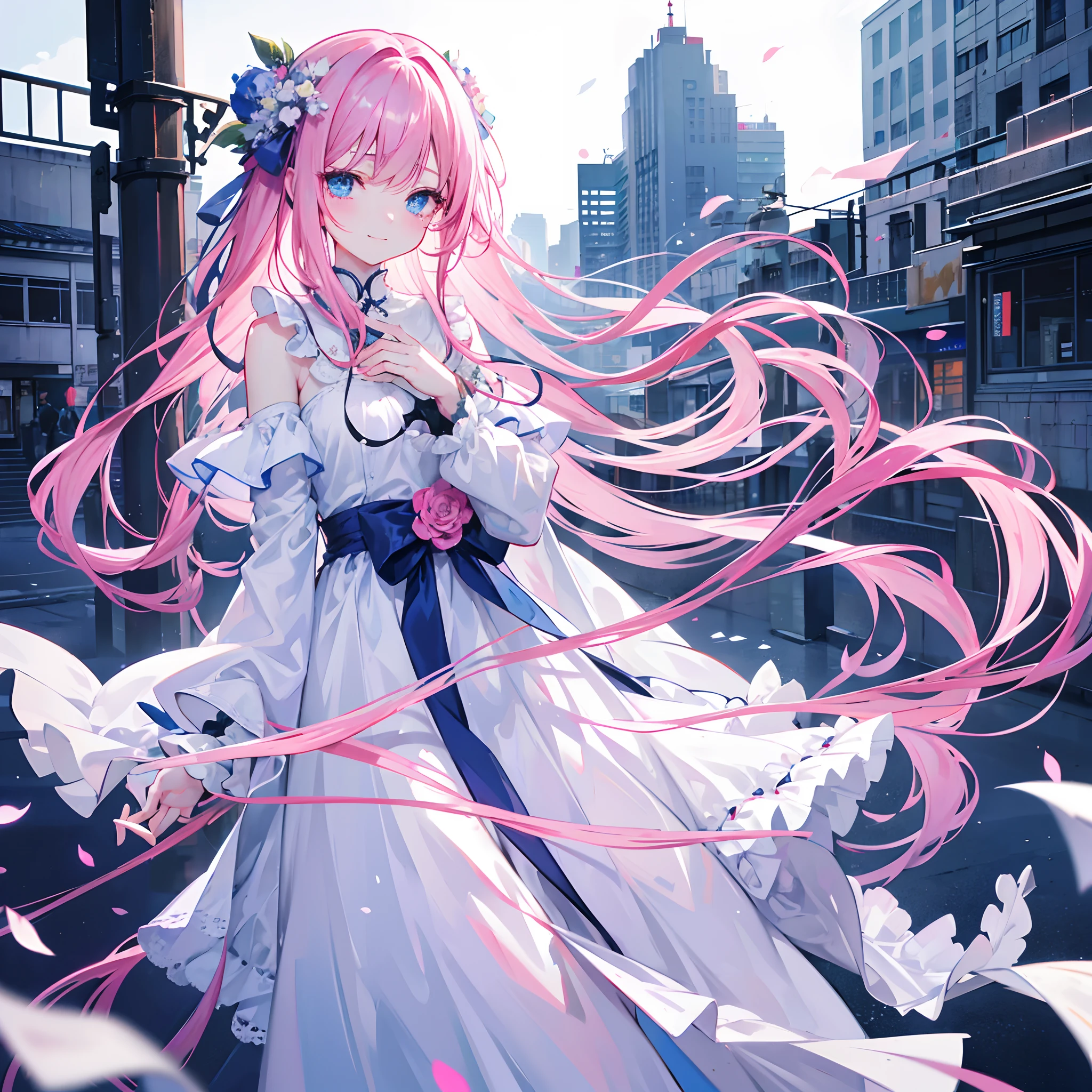 Pink Long Hair，Dark blue eyes，Smile but shed tears，Tears welled up in the corners of his eyes，Blue head rope，Smile back，Ear baring，white dresses，Very innocent girl，Holding a withering flower in his hand，Behind it is the appearance of a bustling city，Motion blur of the picture。