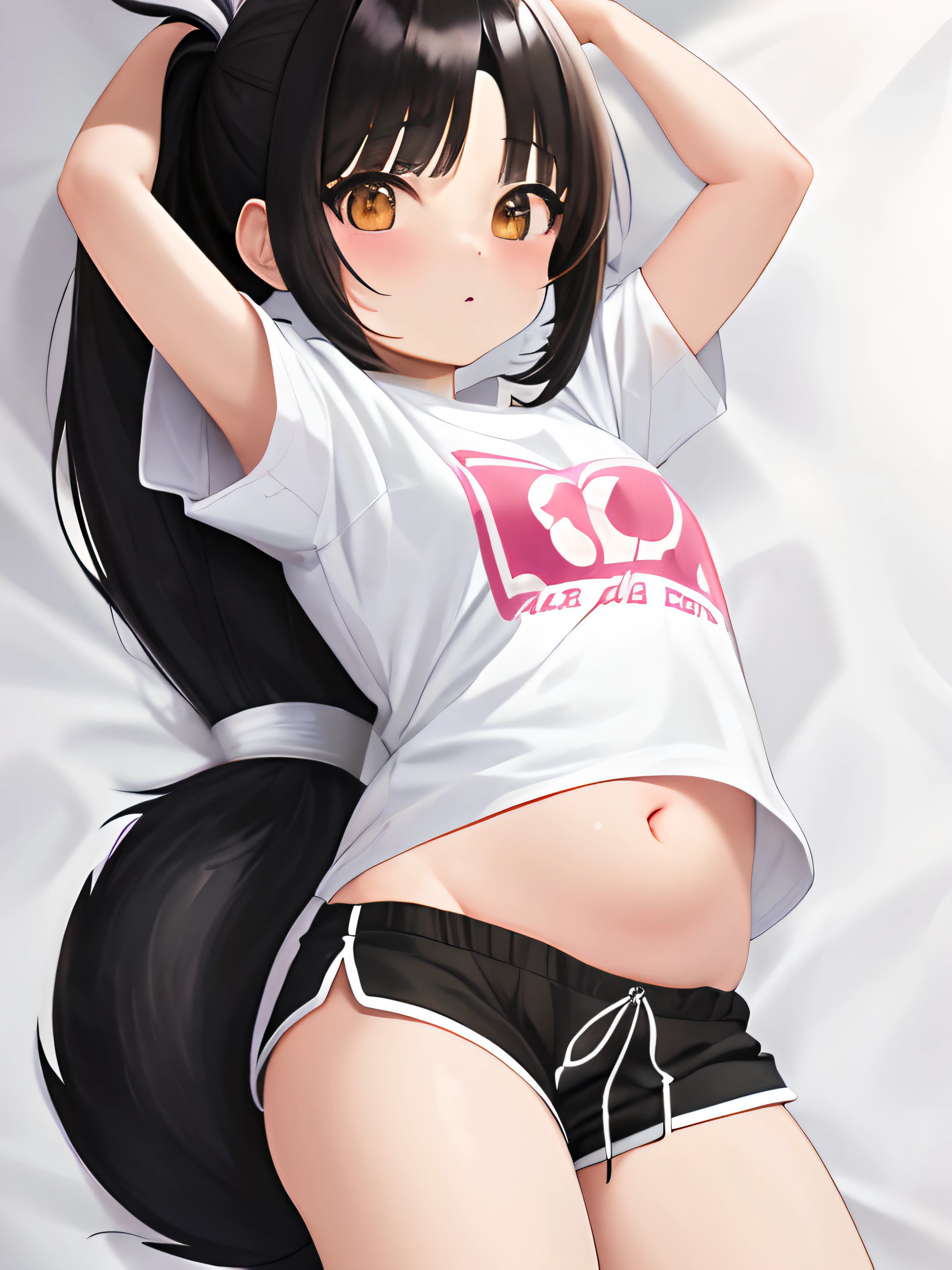 poneyTail、Skunk Girl、Skunk Mimi、small tits, White T-shirt、Black shorts、an anime girl, Lori、she has a jiggly fat round belly, 5 head body, Skunk fluffy tail、Lori