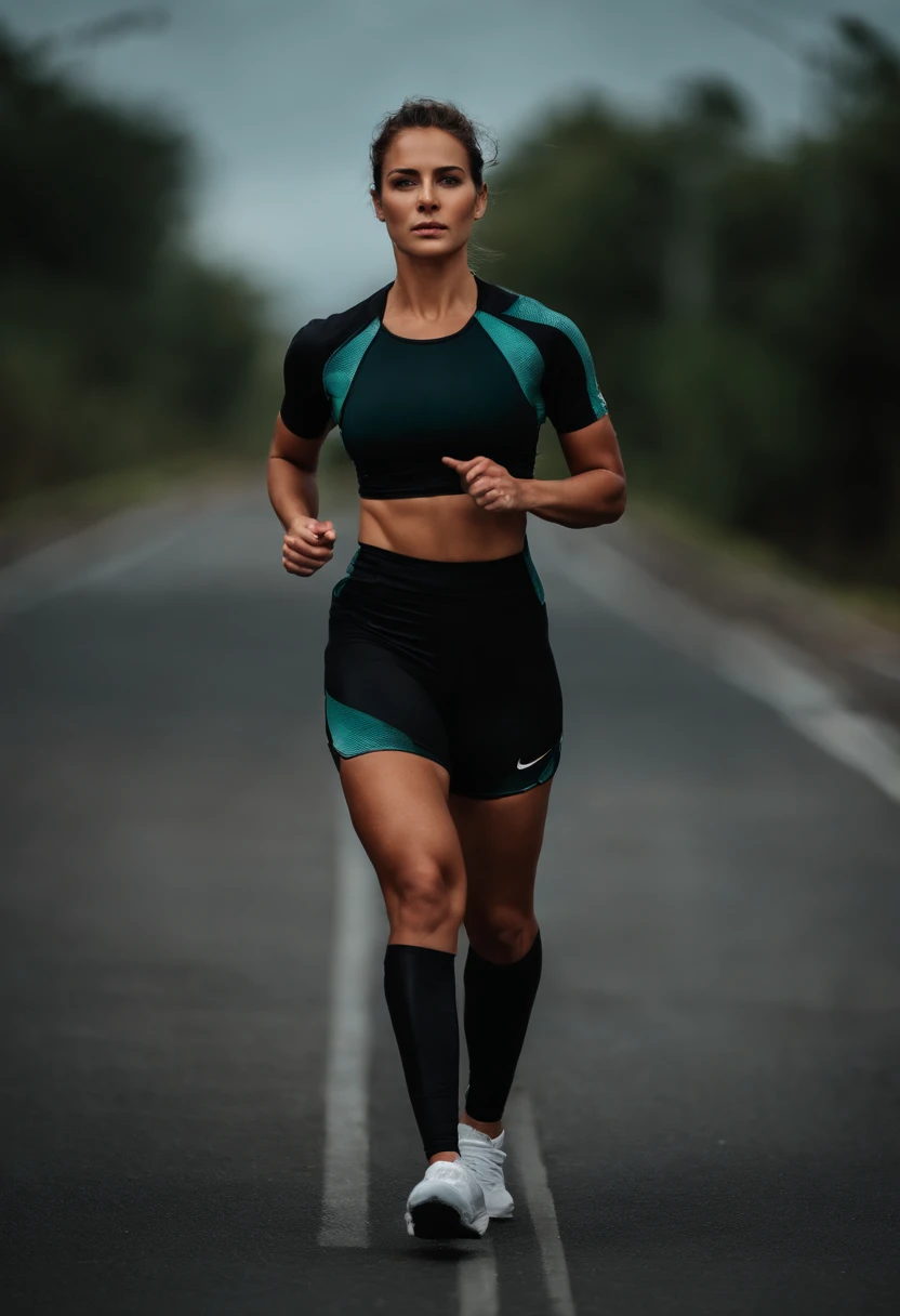 (masterpiece), (extremely intricate:1.3), (realistic), muscular girl, ((black sportsbra, short undercut [blonde hair:dark hair:0.2], [flat chest:medium breasts:0.3], upper body, ((jogging))), tattoo:1.2), ((outdoors, path through woods near lake, intense sunlight, far away castle)), professional photograph, sharp focus, dramatic, award winning, cinematic lighting, volumetrics dtx, (film grain, blurry background, blurry foreground, bokeh, depth of field, sunset, interaction), 8K